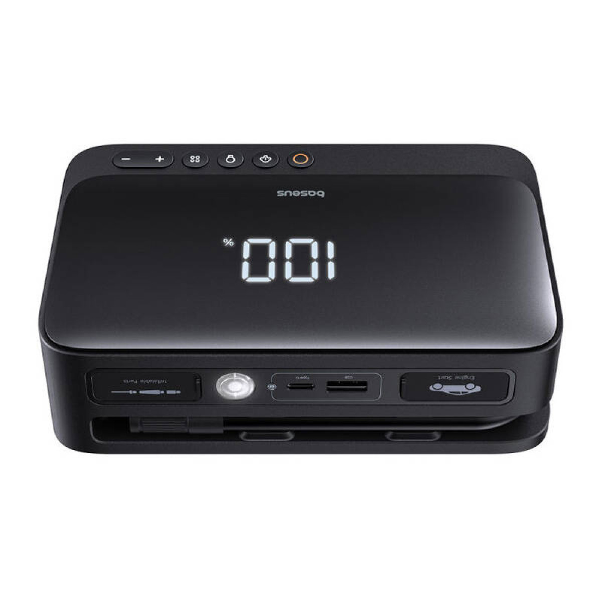 Czarny power bank z cyfrowym wyświetlaczem pokazującym 100% i różne porty.