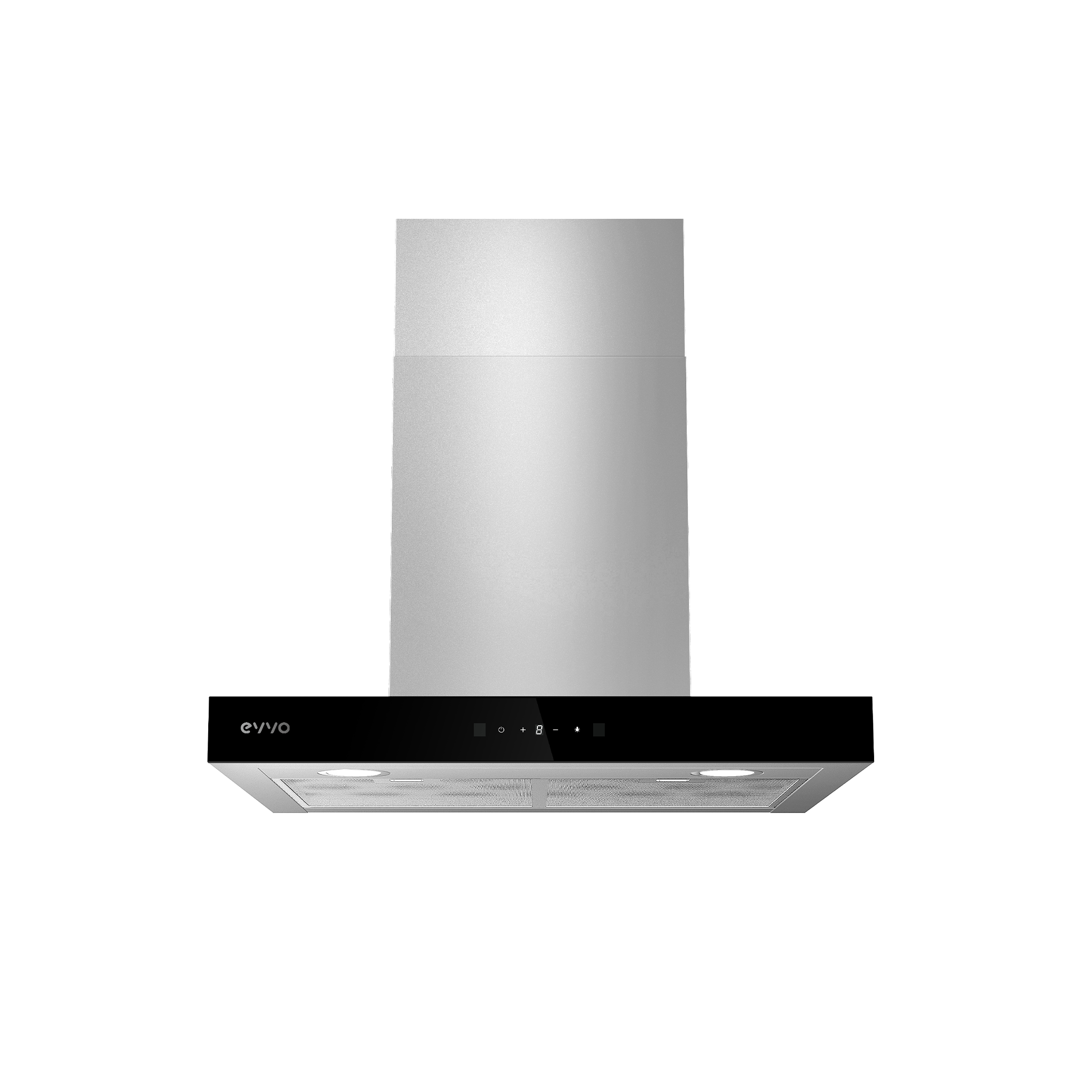 Cappa in acciaio inox con base nera, su sfondo bianco.