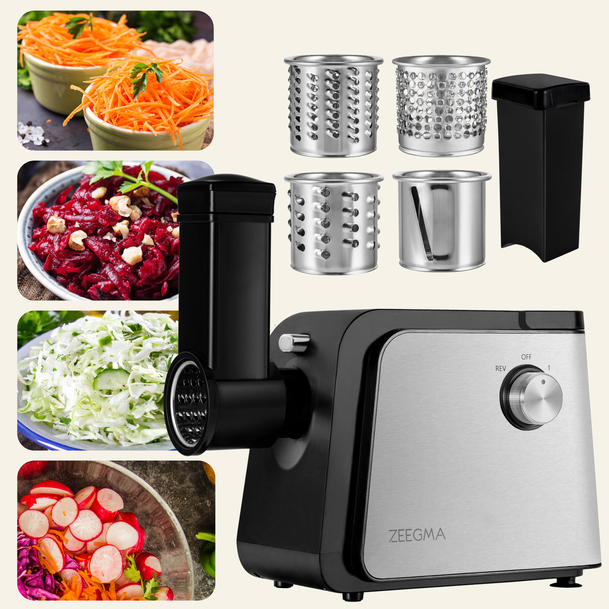 Robot kuchenny z różnymi nasadkami i zdjęciami przygotowanych potraw na białym tle.