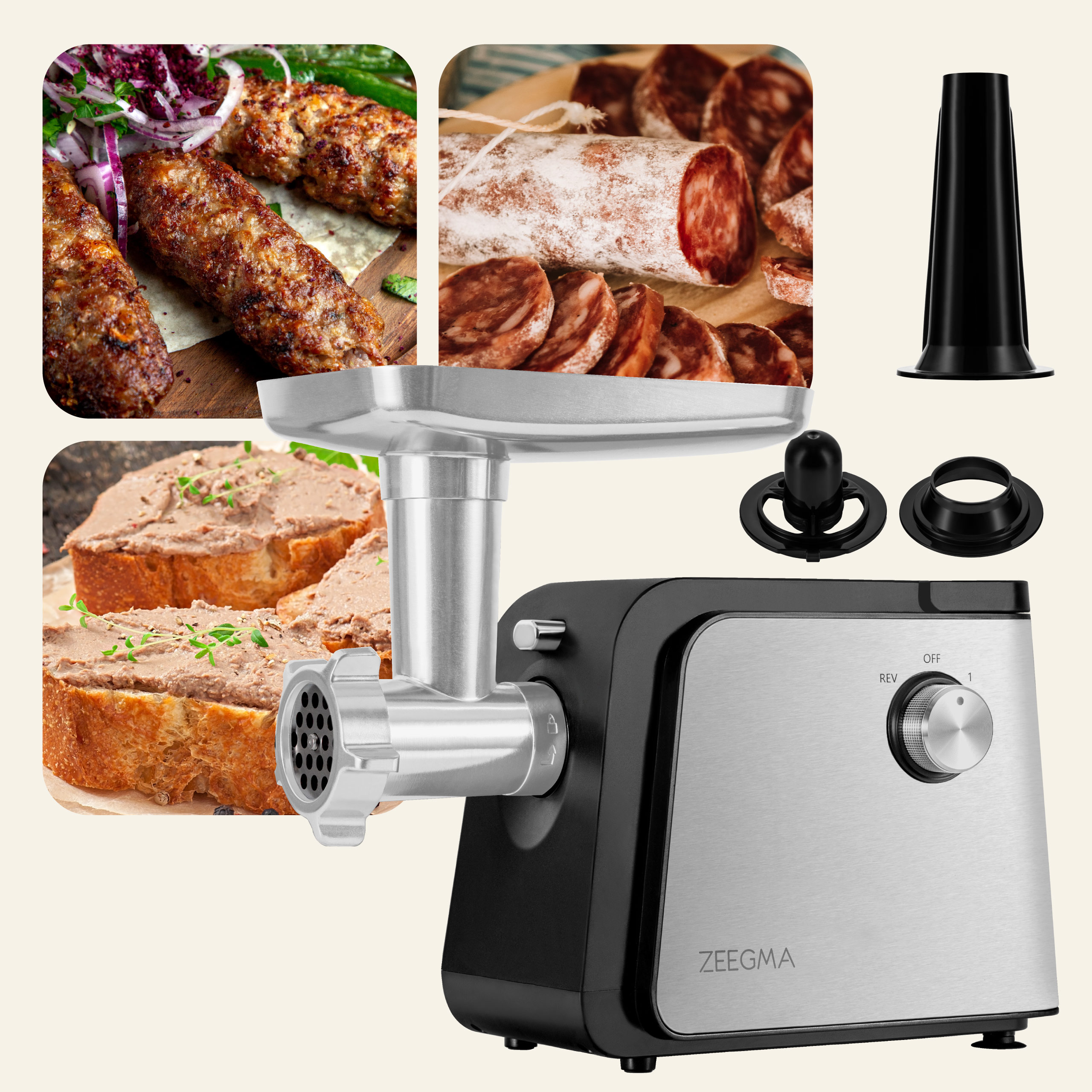 Maszynka do mięsa z przystawkami i próbkami żywności: kiełbasa, mięso i pasztet.