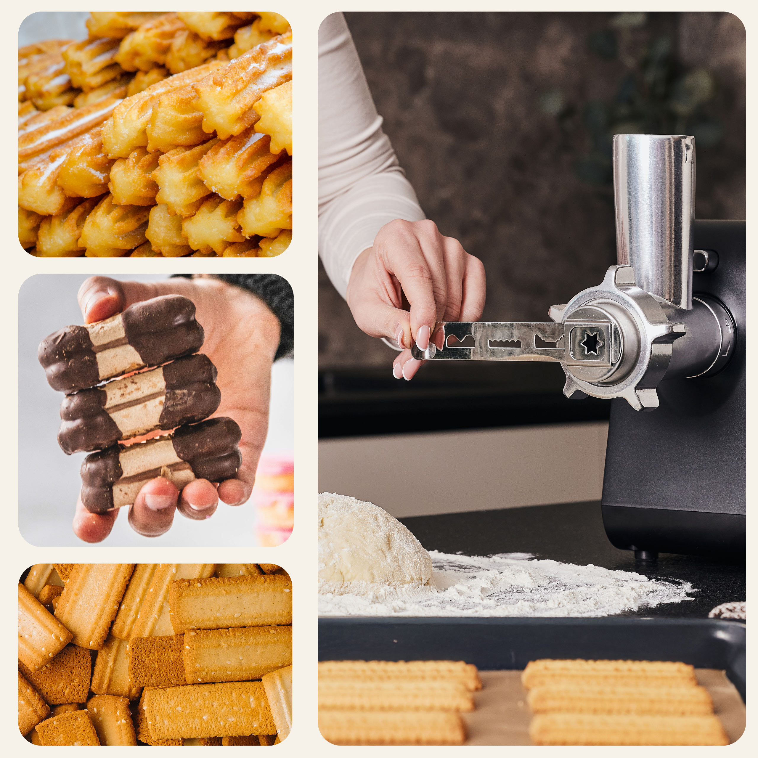 Collage von Lebensmitteln: Churros mit Zucker, schokoladenüberzogene Kekse, ein Fleischwolf und rechteckige Kekse.