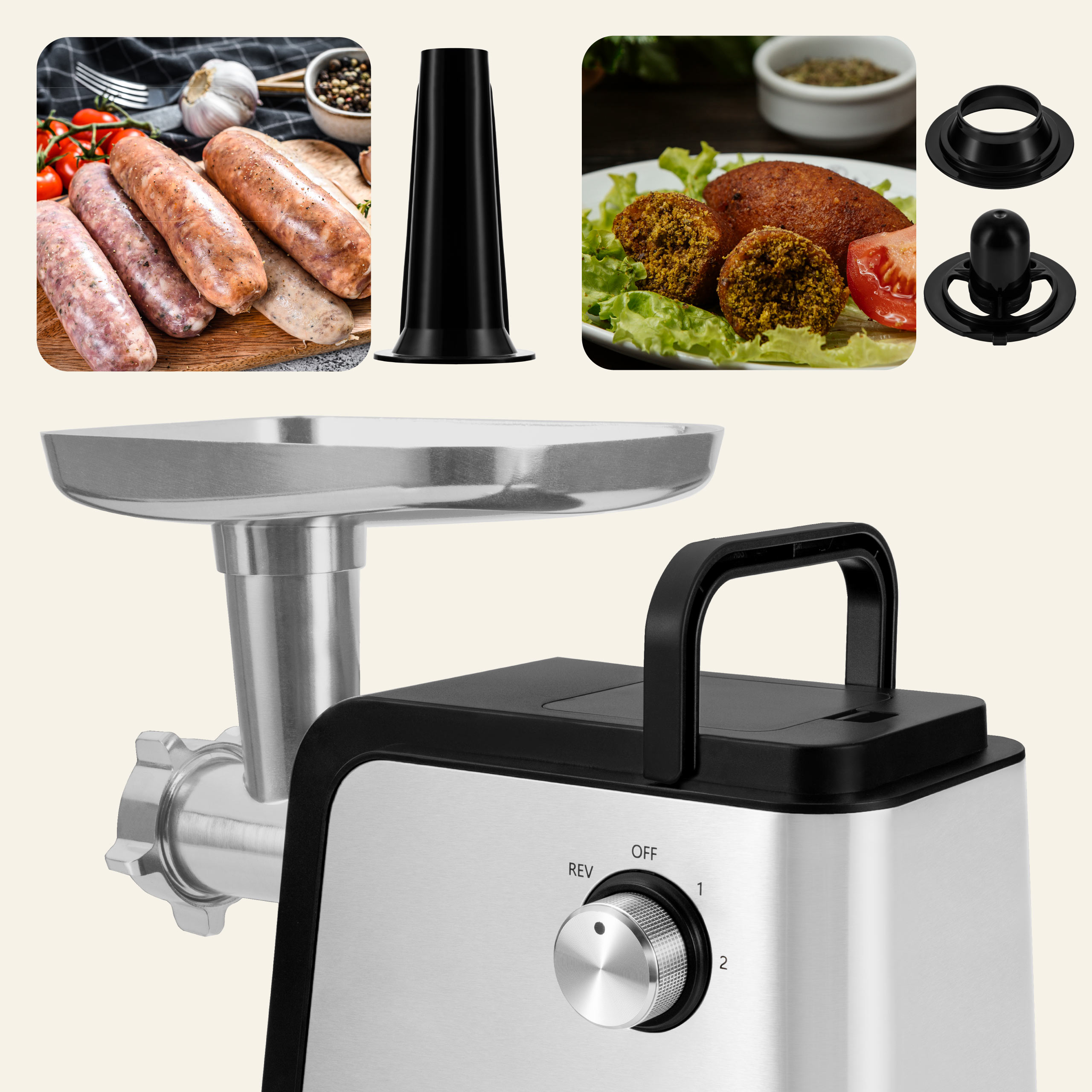 Maszynka do mięsa z kiełbasą, lejkiem i falafelem, z częściami.