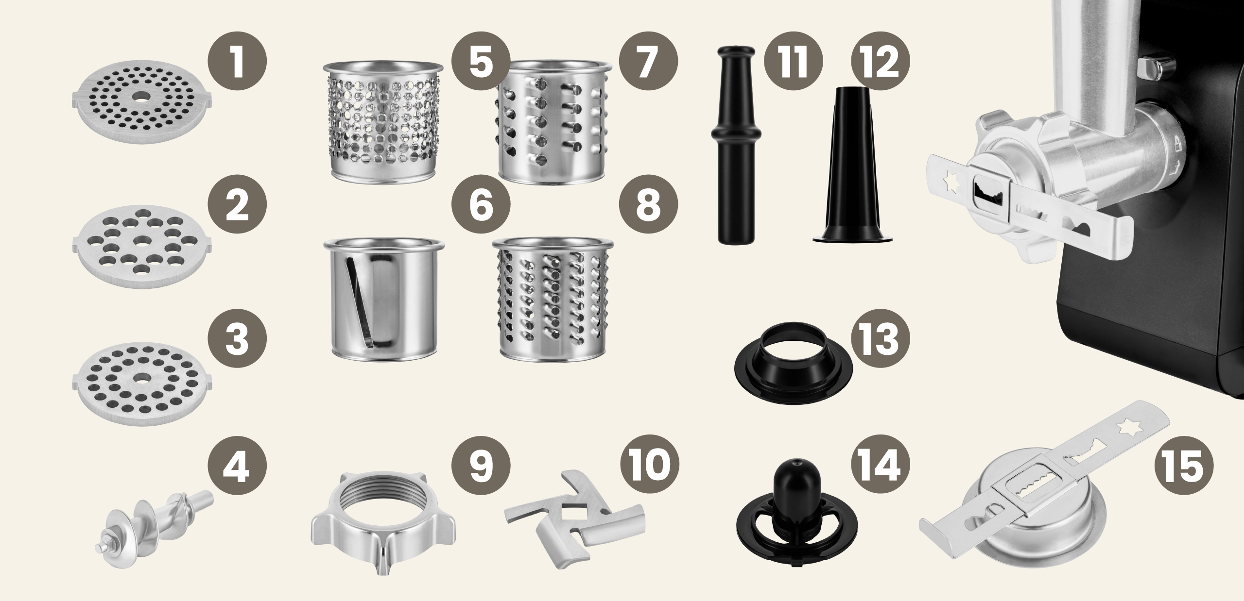 Części maszynki do mięsa rozłożone. Wiele płyt mielących, ostrza, pierścień i inne elementy.