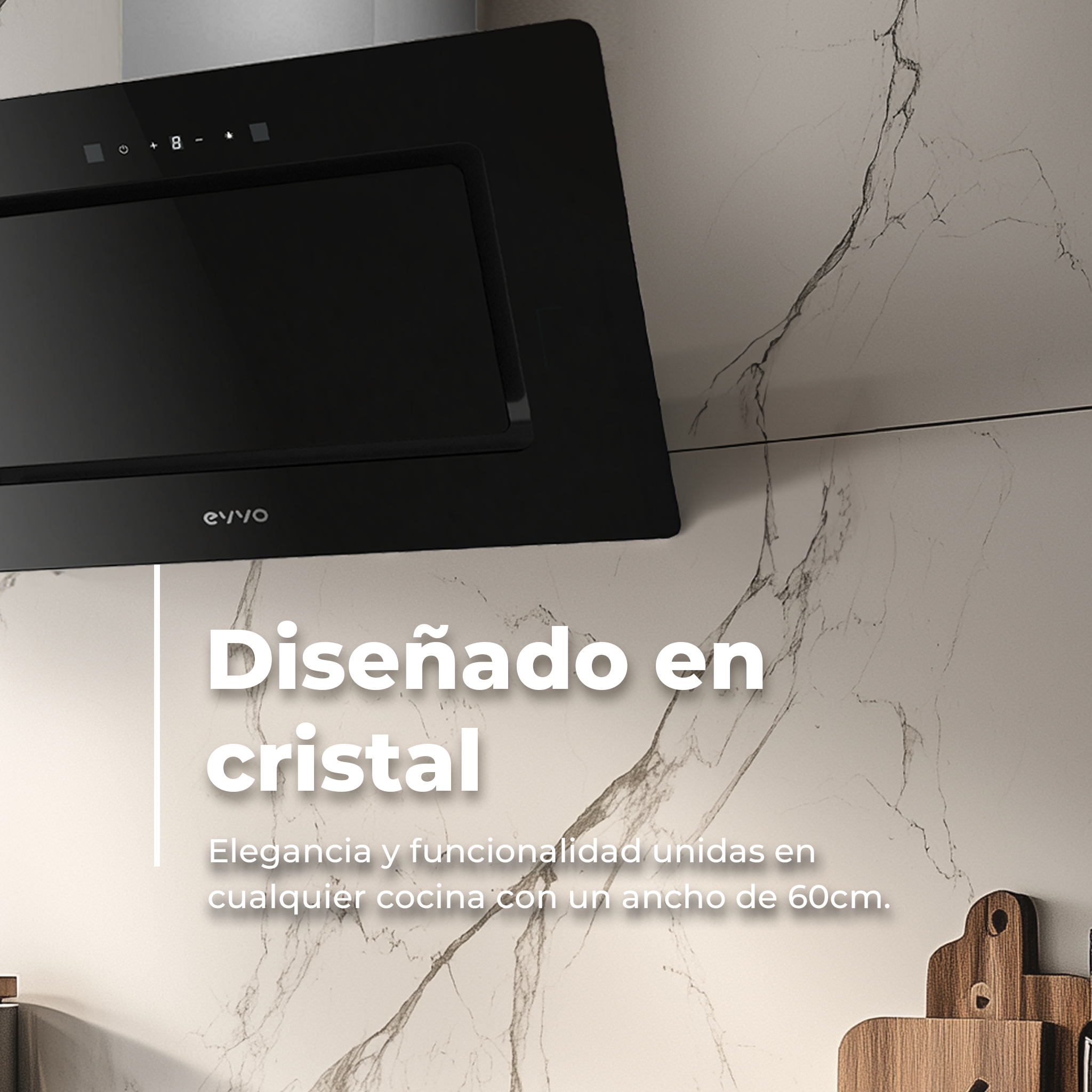 Cappa da cucina nera con testo 'Diseñado en cristal' e 'Elegancia y funcionalidad' su parete in marmo.
