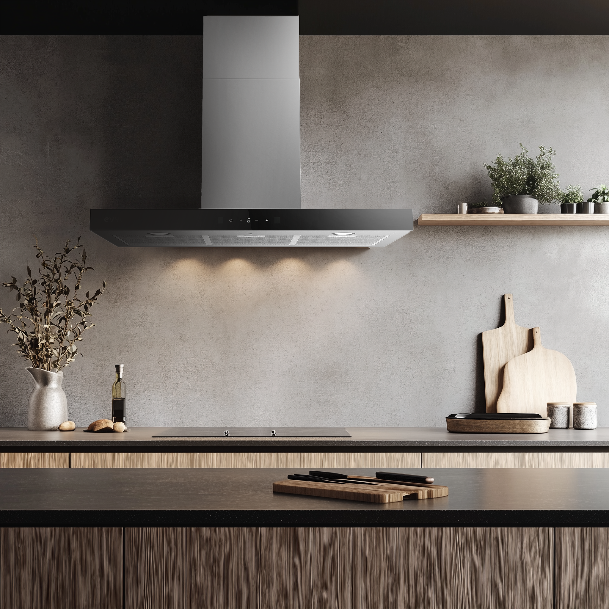 Cucina moderna con cappa, piano di lavoro e mobili in legno.