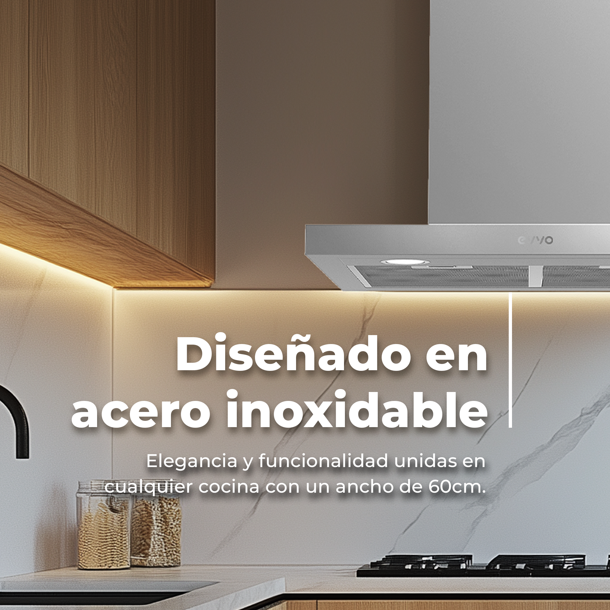 Cappa in acciaio inossidabile, con testo: Progettato in acciaio inossidabile. Elegante e funzionale.