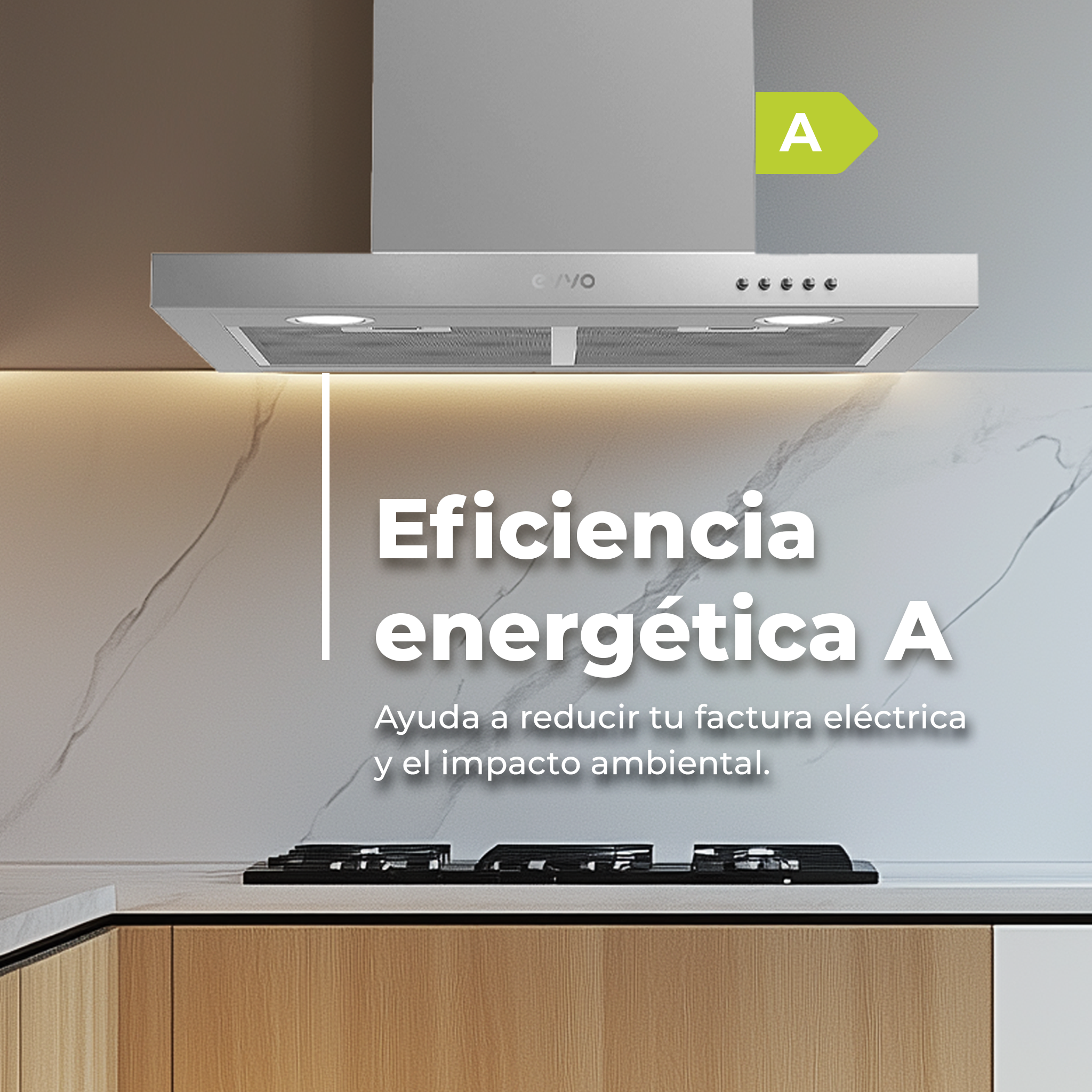 Una cappa in acciaio inossidabile con un'etichetta di efficienza energetica 'A' sopra un fornello a gas.