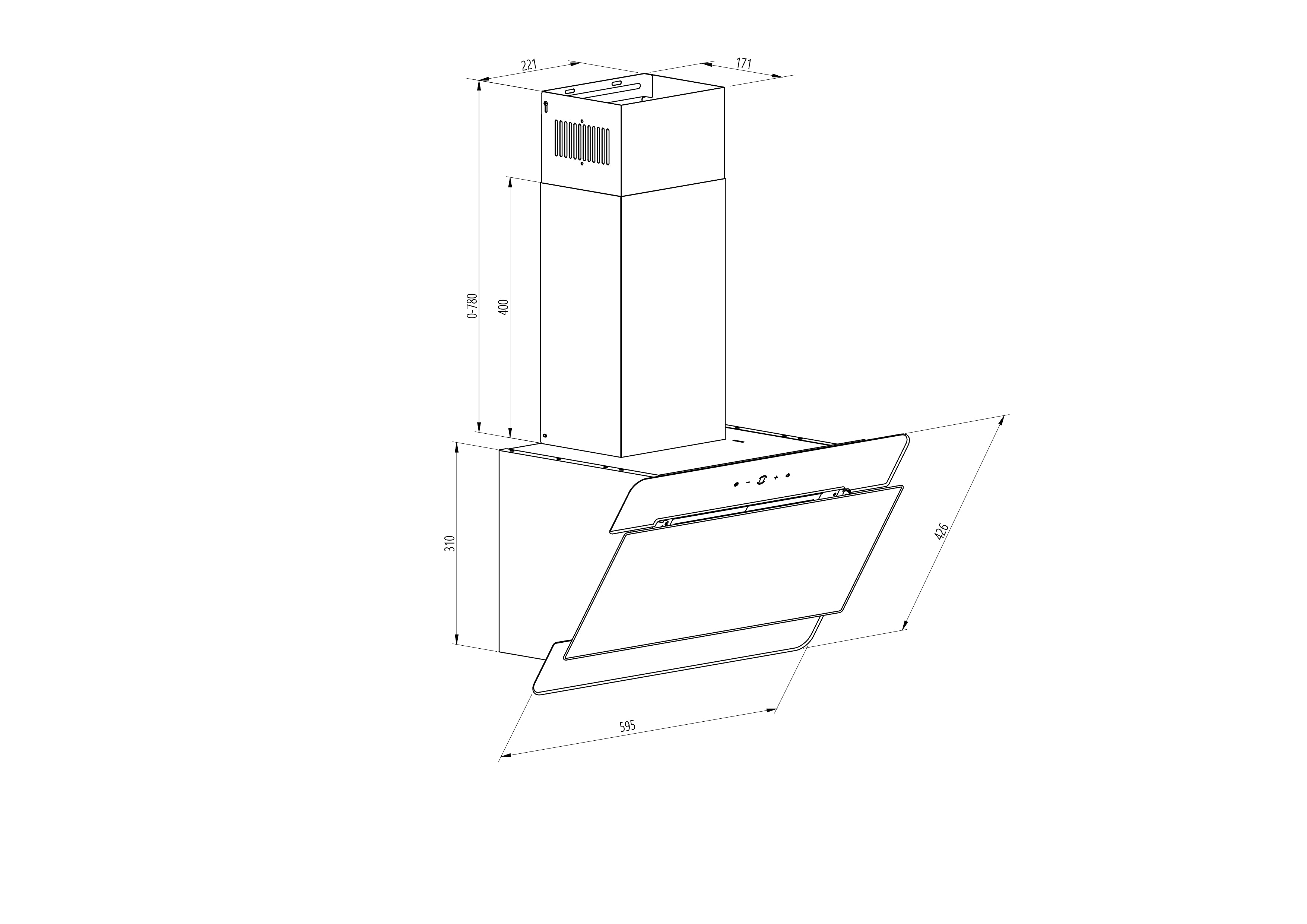 Un disegno tecnico di una cappa da cucina, con dimensioni, sfondo bianco.