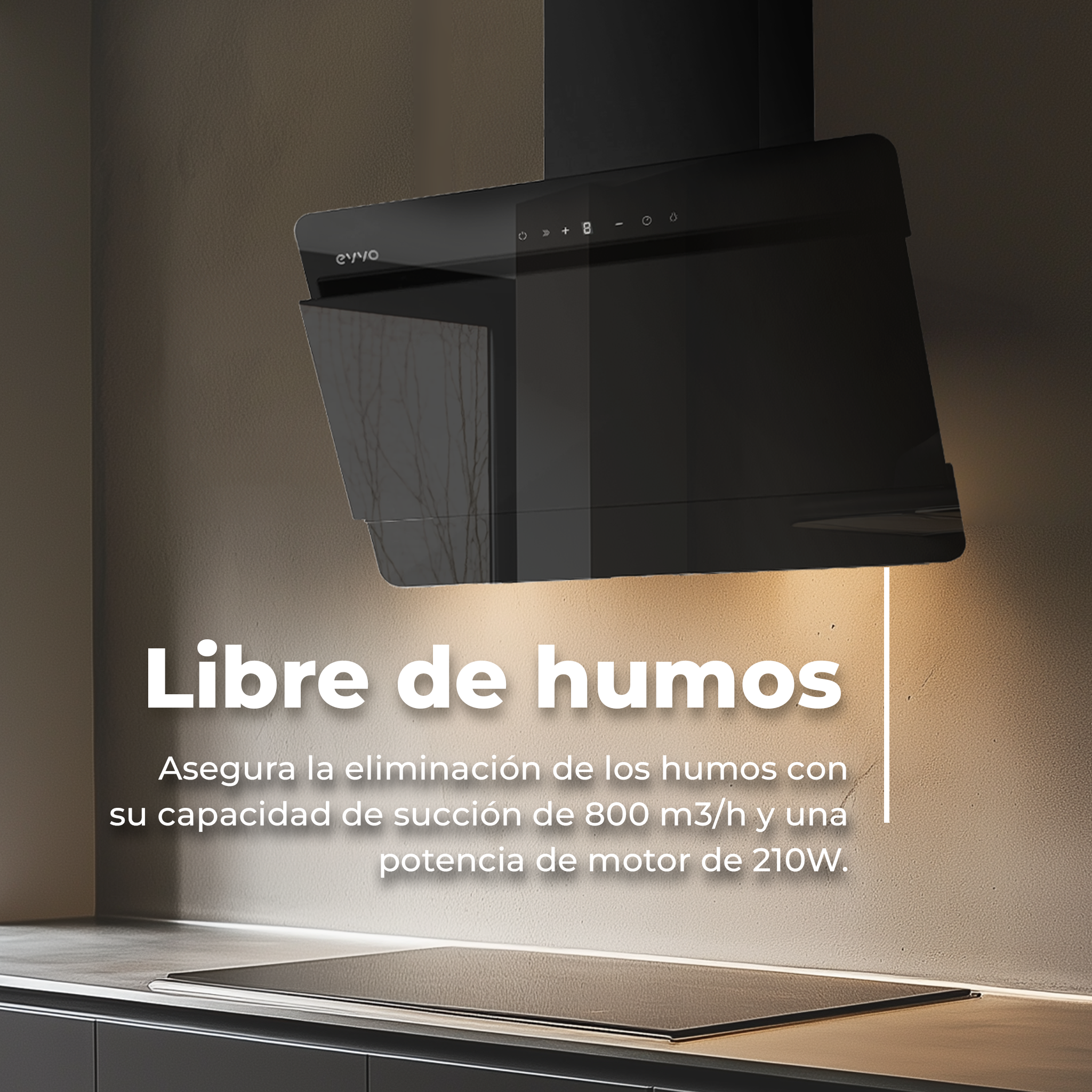 Cappa da cucina nera su parete scura, con testo "Libre de humos" e piano cottura scuro.