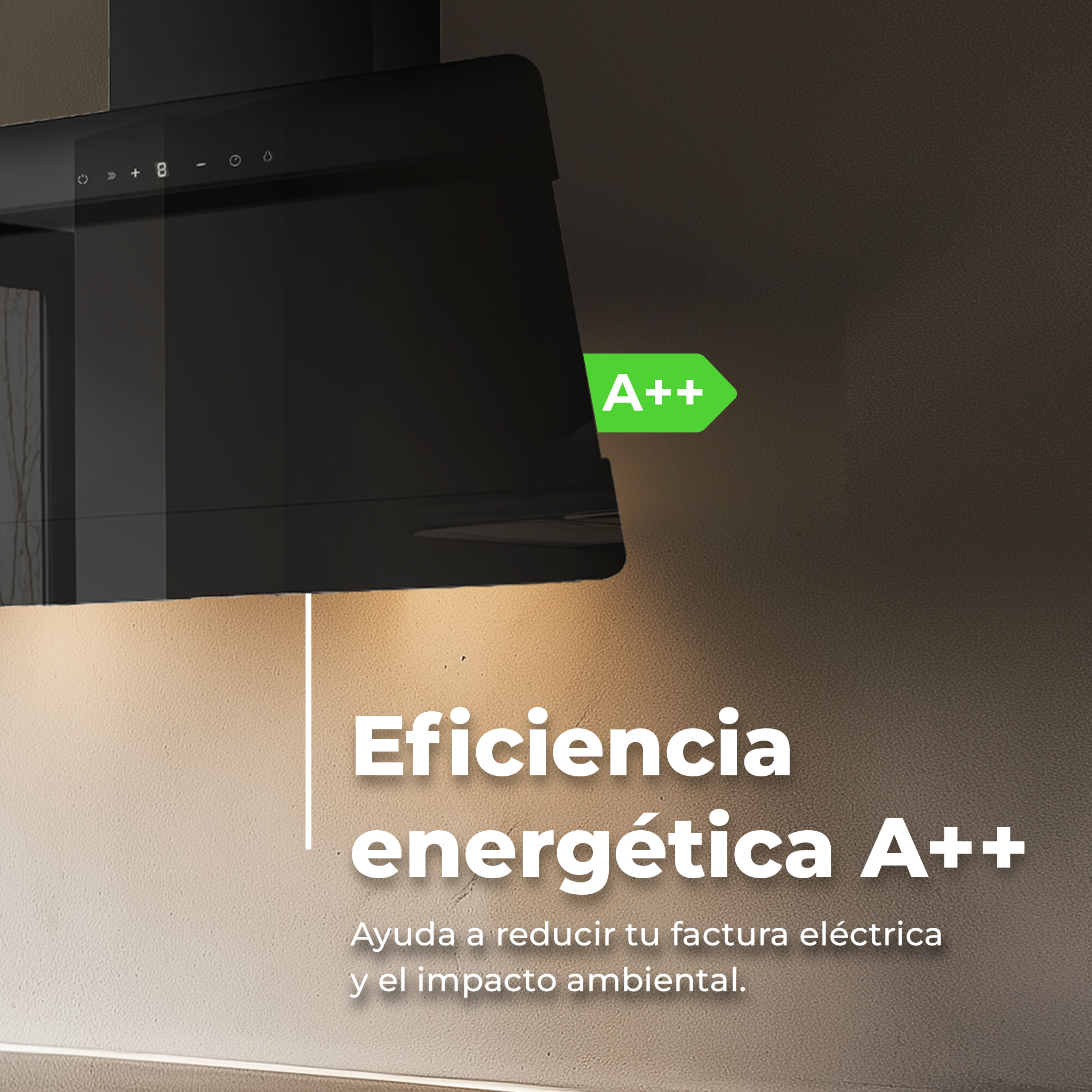 Cappa nera con etichetta di efficienza energetica A++. Testo bianco: efficienza energetica.