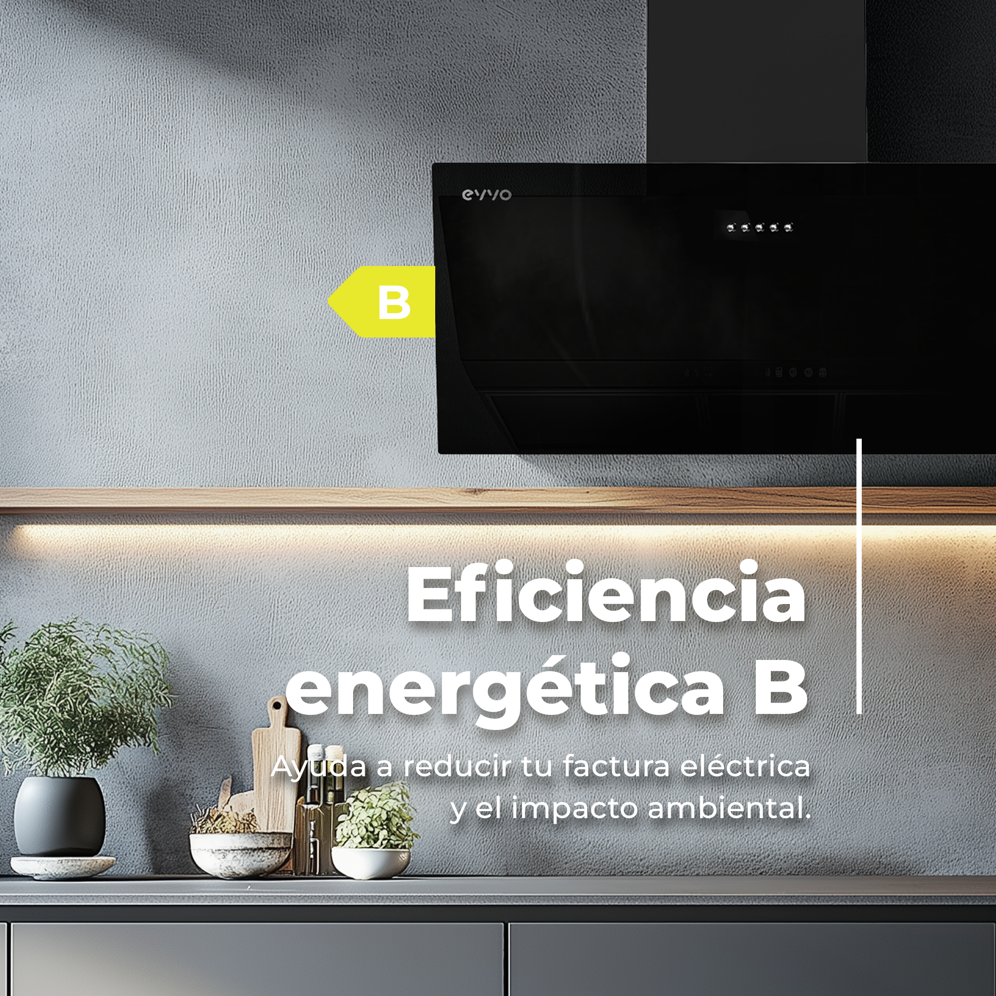Cappa nera con etichetta di efficienza energetica, testo: Efficienza energetica B.