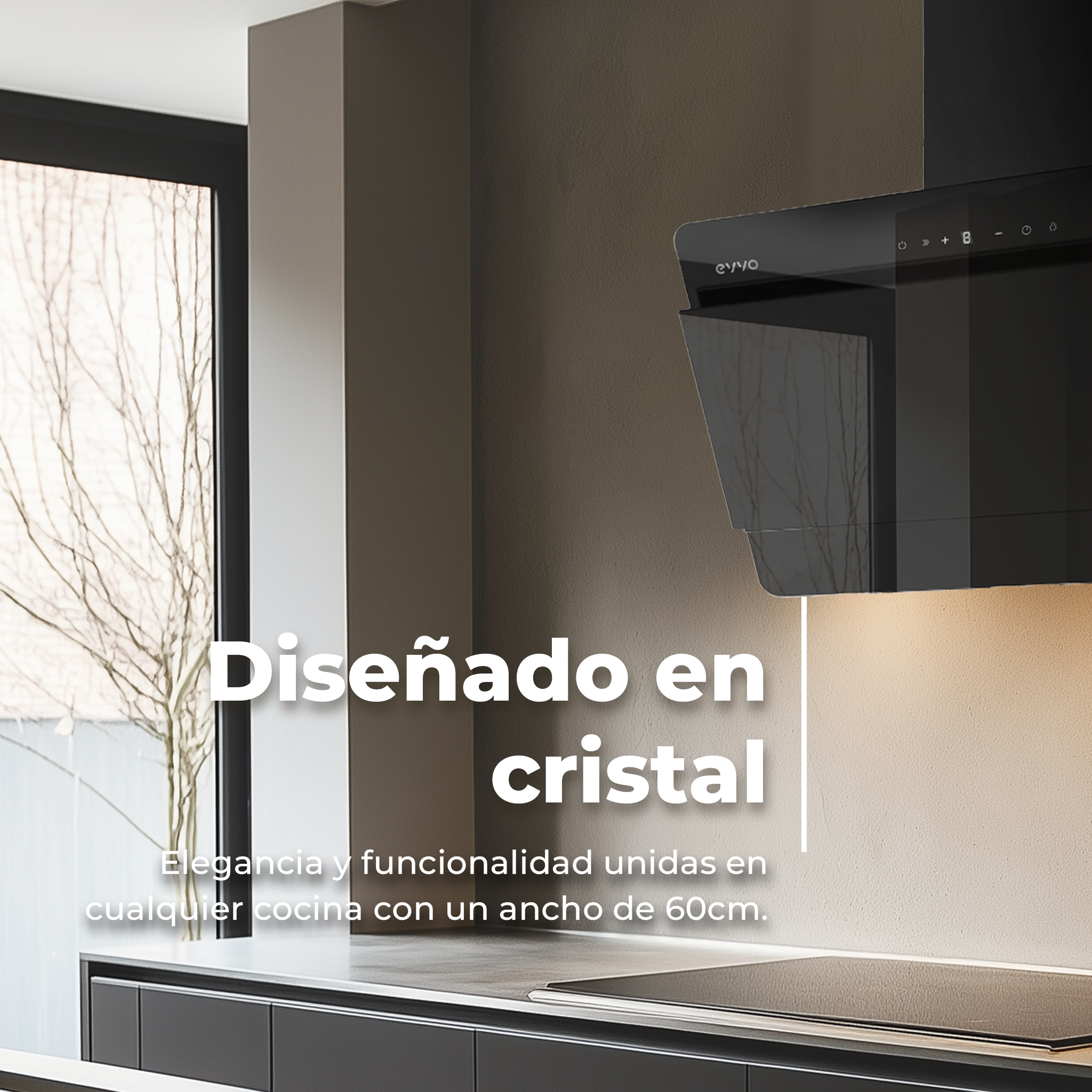 Cucina moderna con cappa nera e testo sovrapposto. Armadietti e piano di lavoro bianchi.