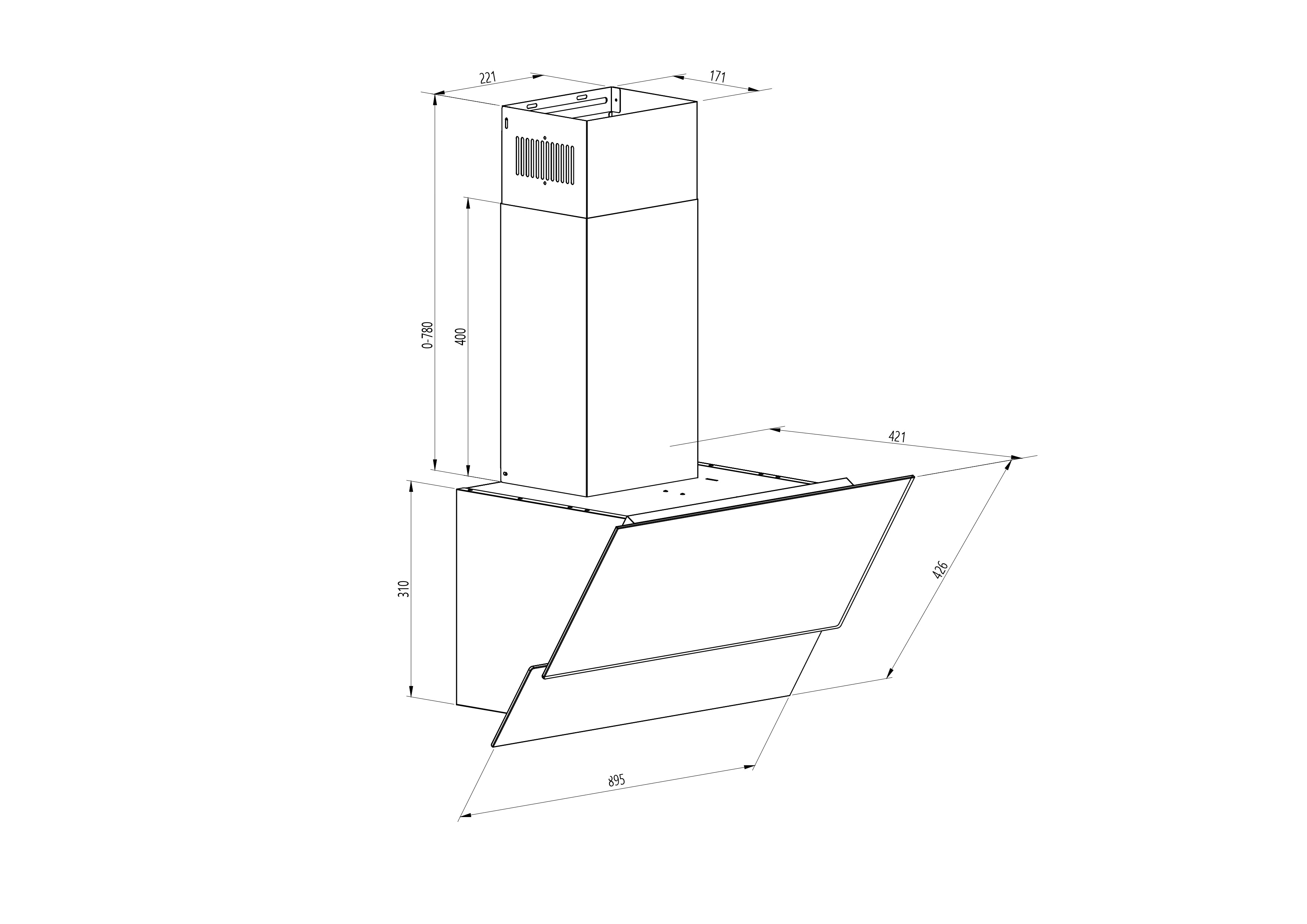 Disegno tecnico di una cappa da cucina, con dimensioni e componenti interni.