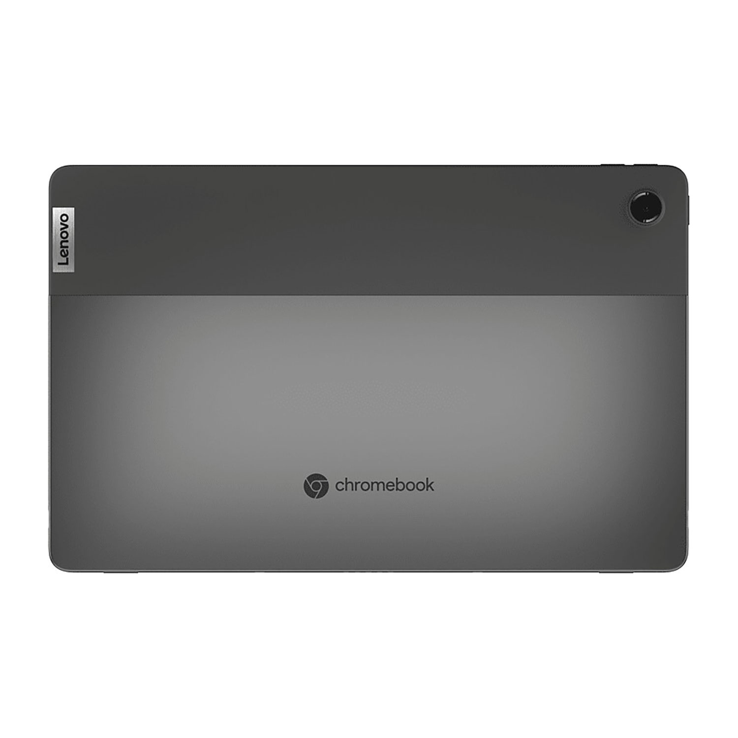 Ein graues Lenovo Chromebook-Tablet mit Kamera und Chrome-Logo.