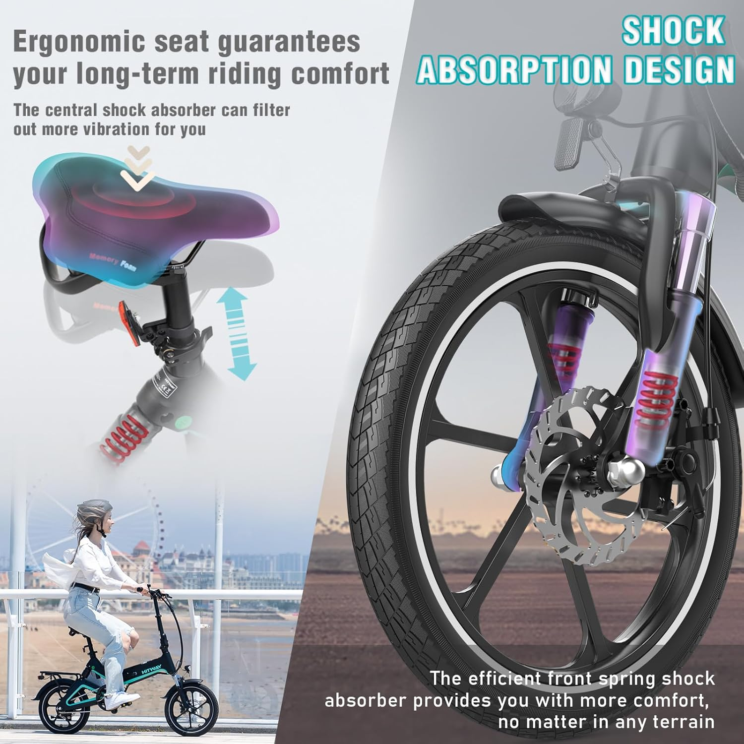 Rower elektryczny z tekstem o komforcie ergonomicznym i amortyzacji. Osoba jedzie na rowerze.