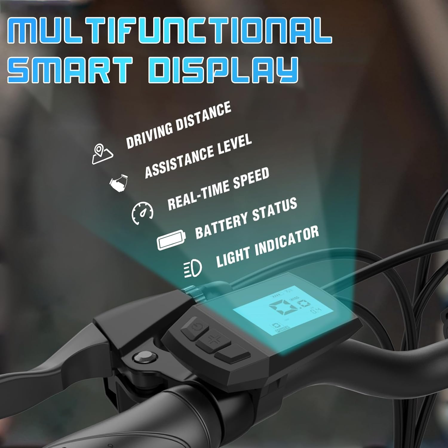 Zbliżenie inteligentnego wyświetlacza na kierownicy roweru pokazującego przejechany dystans, prędkość i stan baterii.
