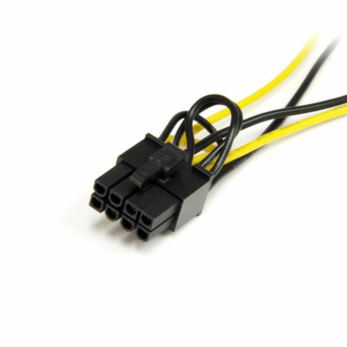 Conector de fuente de alimentación de computadora negro y amarillo con múltiples pines.