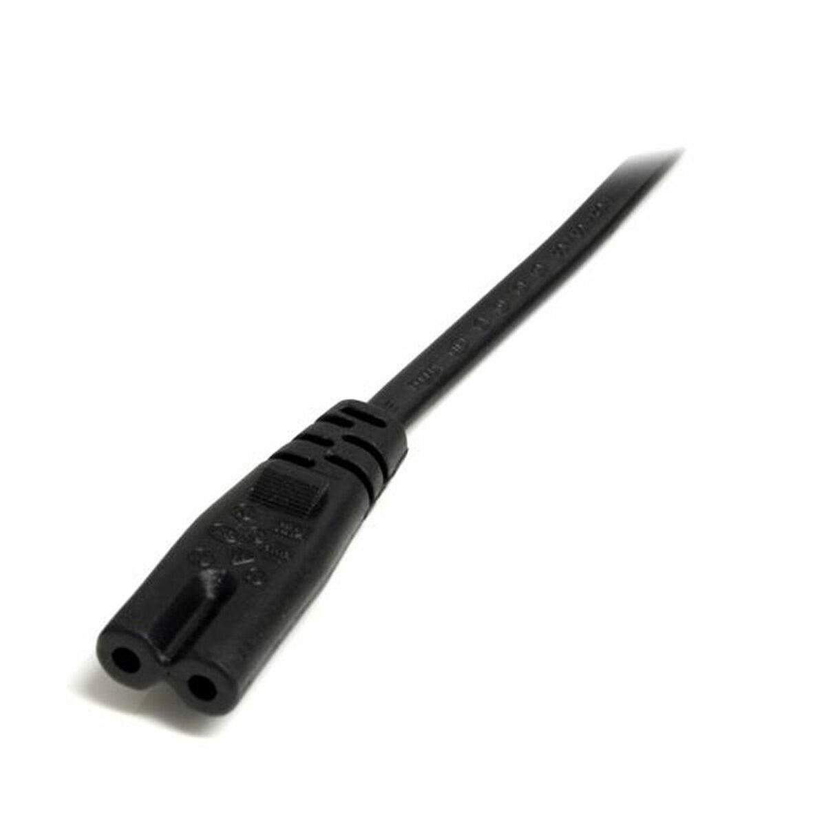 Cable de alimentación negro, con conector de dos clavijas en la parte superior y un cable largo.