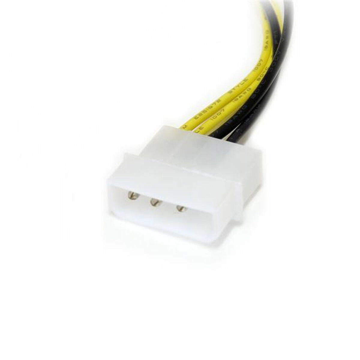 Conector de alimentación rectangular blanco con tres pines, cables negro y amarillo, fondo blanco.