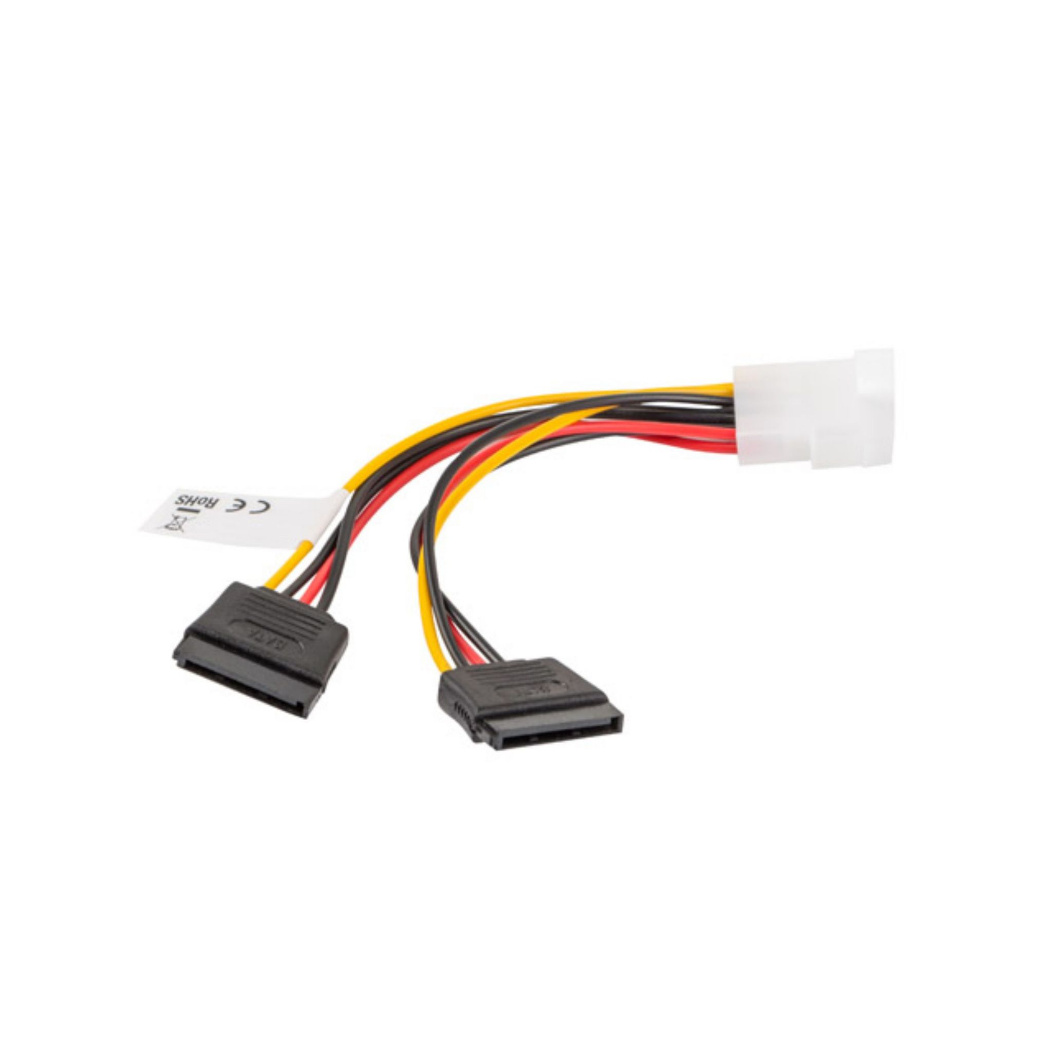Un cable conector con cables negros y amarillos, con dos conectores negros en los extremos.