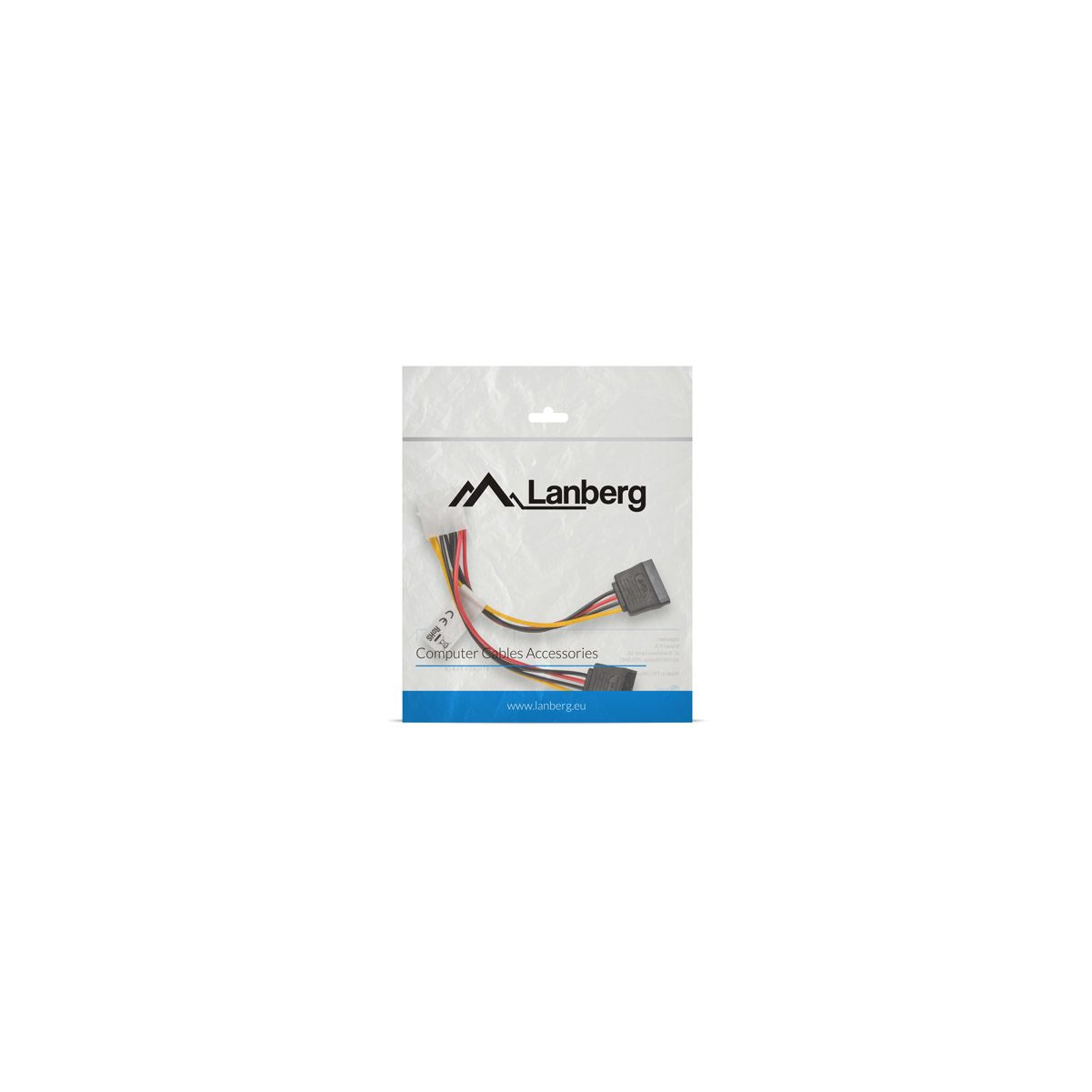 Un cable de computadora con cables negros y rojos y un empaque con el logotipo 'Lanberg' sobre un fondo blanco.