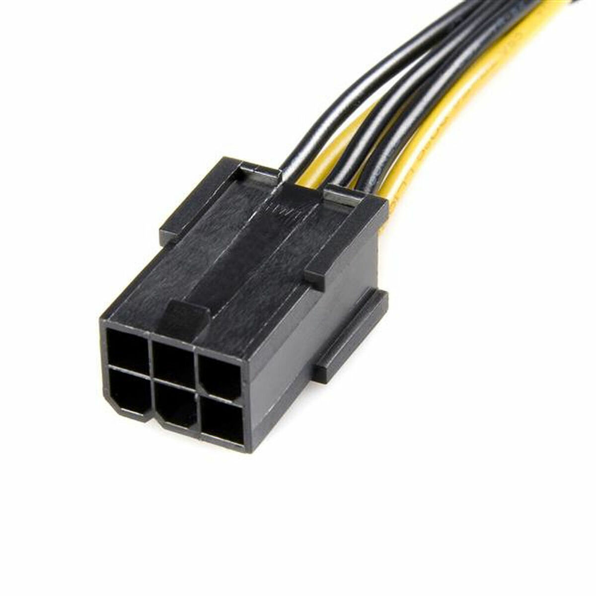 Un conector negro de 6 pines con cables negros y amarillos. El conector es rectangular con seis aberturas.