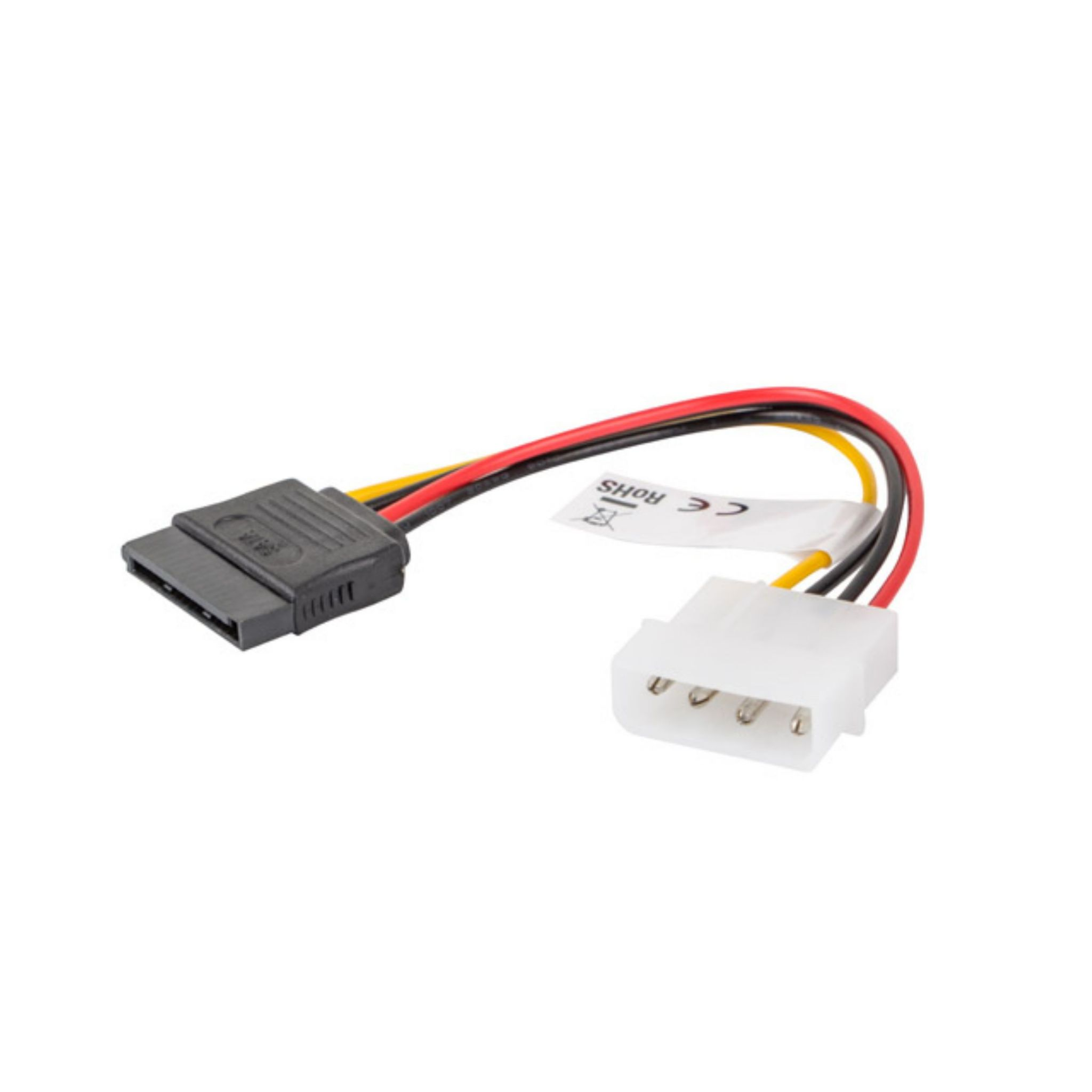 Cable SATA negro y gris, con etiqueta blanca y fondo blanco.