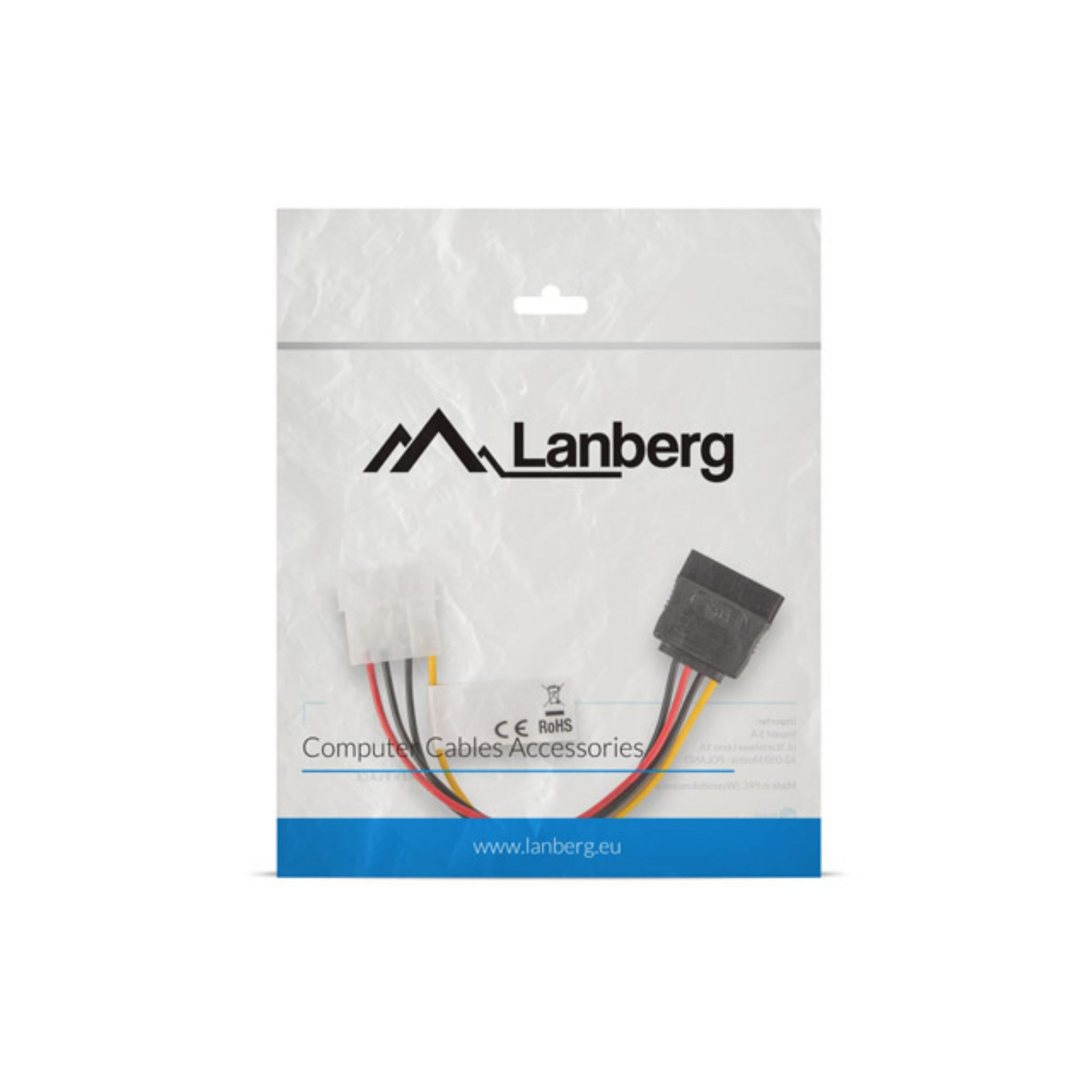 Adaptador de cable SATA en una bolsa de plástico. Tiene cables de colores y un conector negro.
