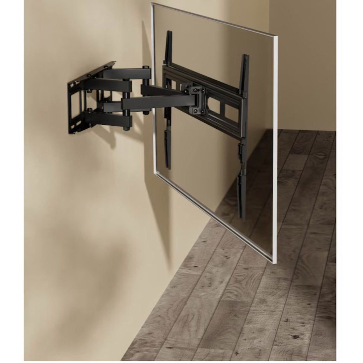 Tv aan de muur gemonteerd met een zwarte, beweegbare arm, en een houten vloer.
