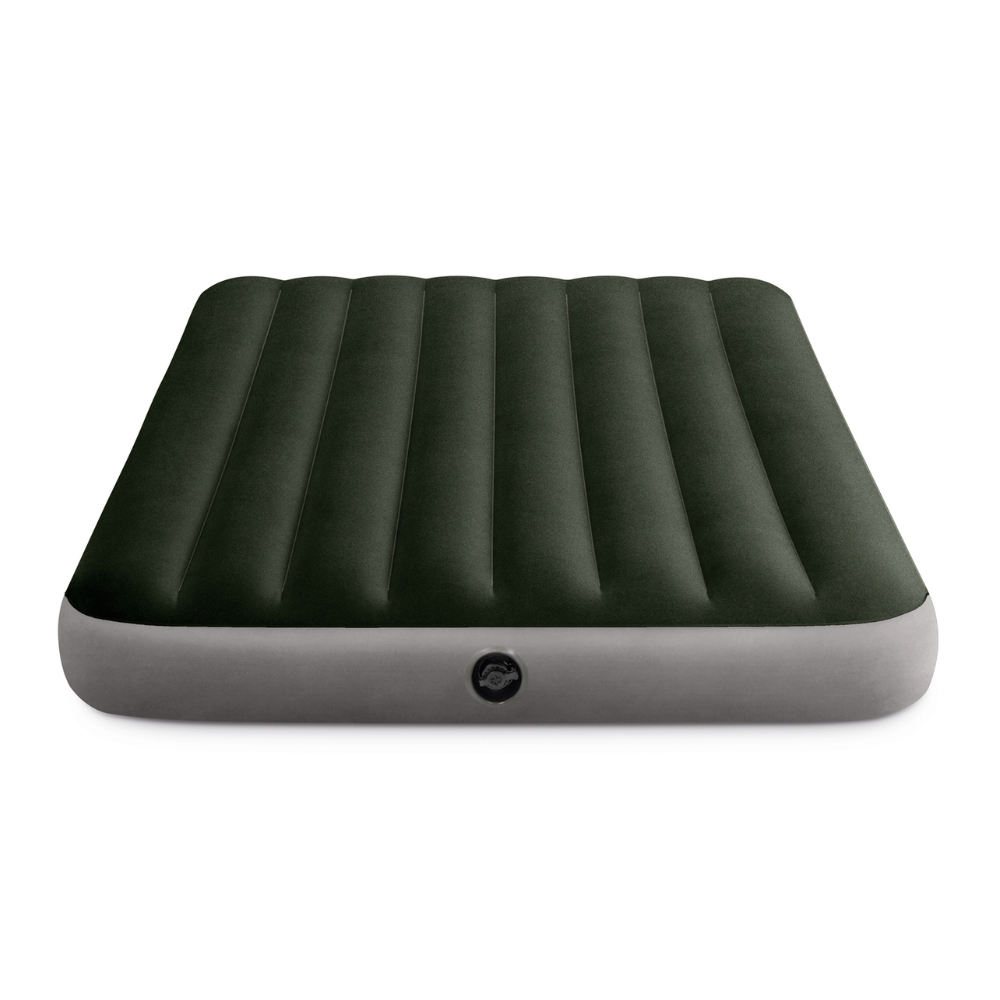 An inflatable bed, dark green top, gray sides. Has an Intex logo.
