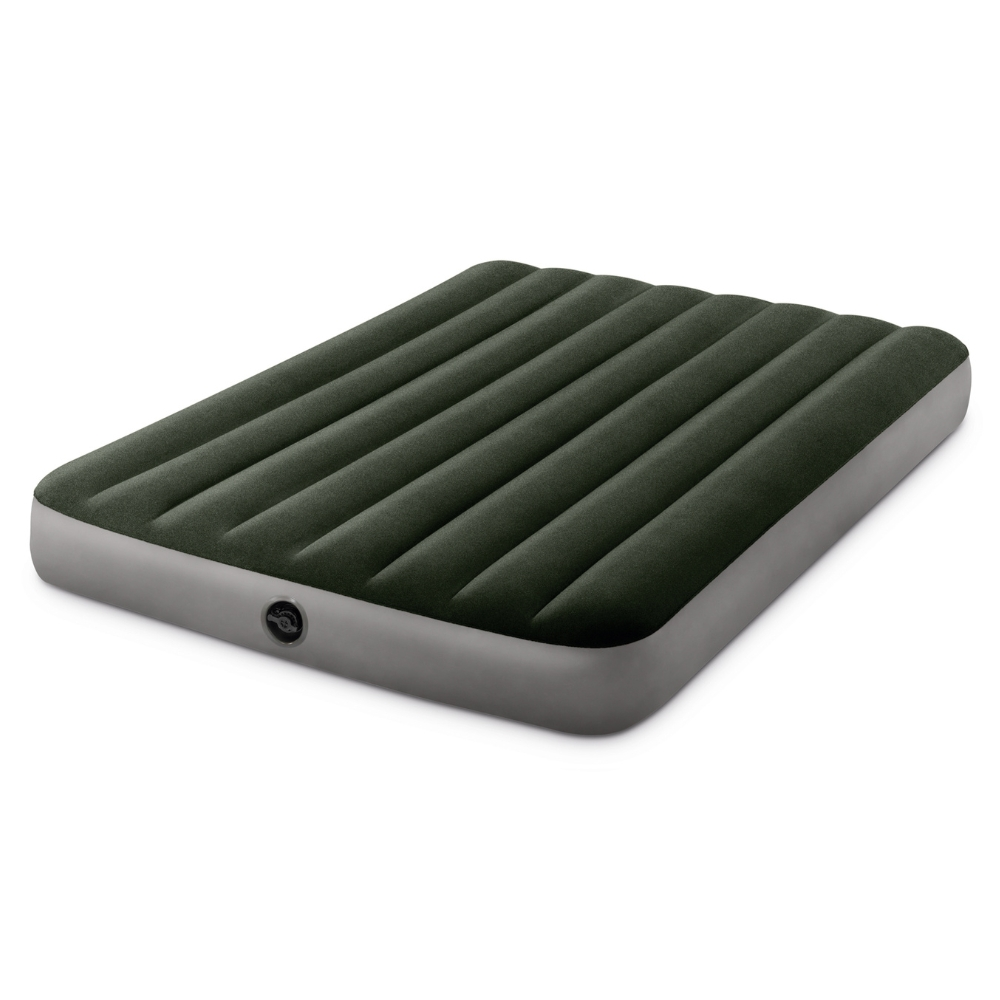 An inflatable bed, dark green top, gray sides. Has an Intex logo.