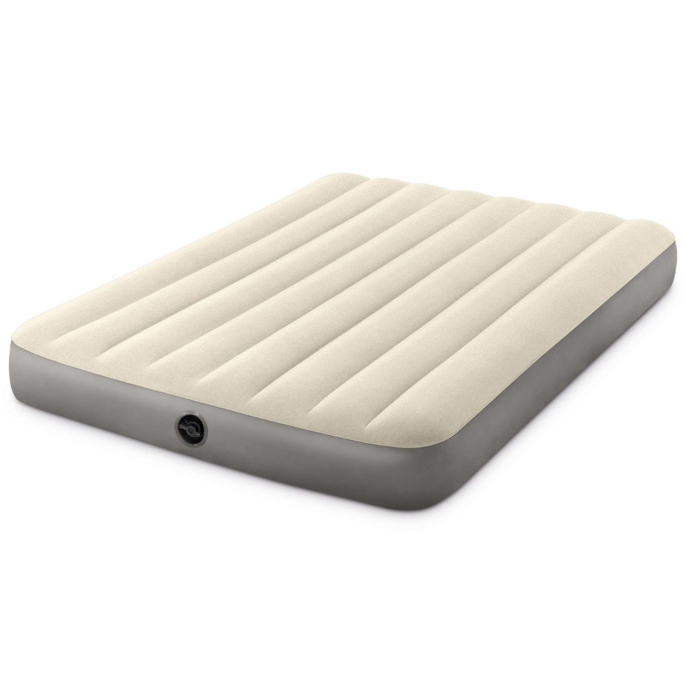 Un lit gonflable, dessus crème, côtés gris. Possède un logo Intex.