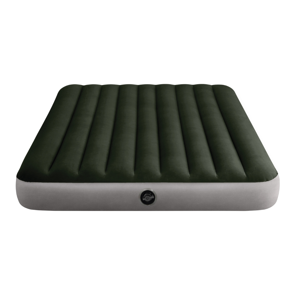 Dark green inflatable mattress with gray sides, valve, and ribbed surface on white background.