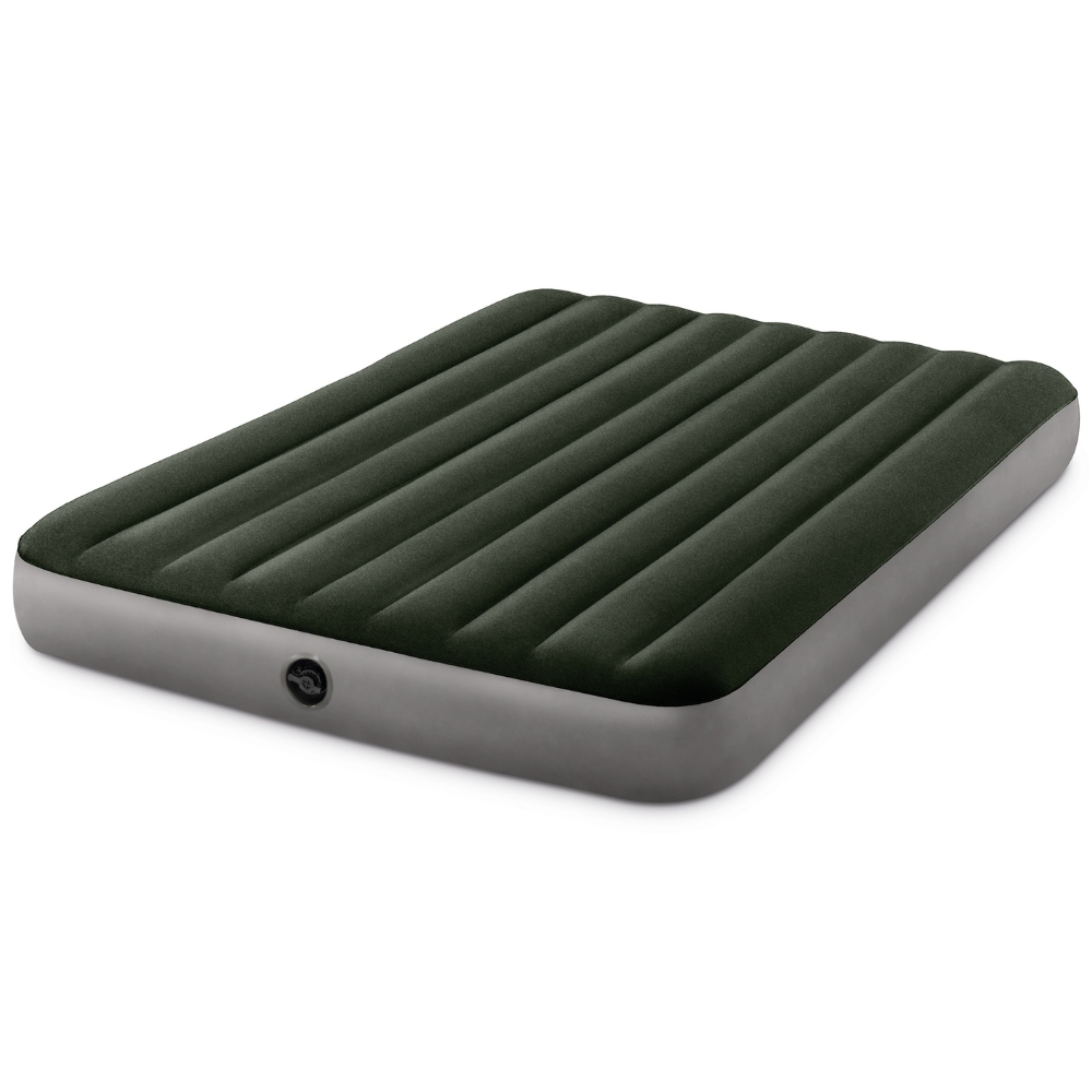 Dark green inflatable mattress with gray sides, valve, and ribbed surface on a white background.