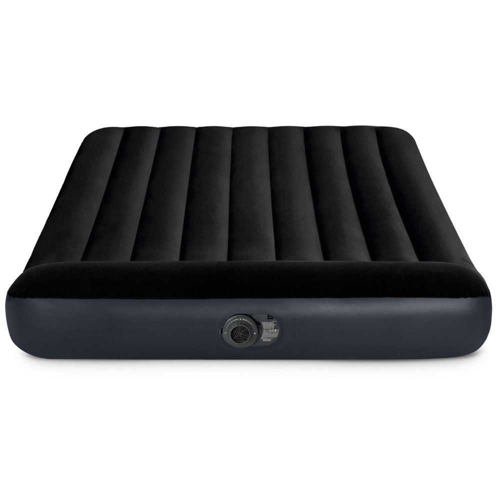 Black inflatable mattress with gray sides, valve, and ribbed surface on a white background.