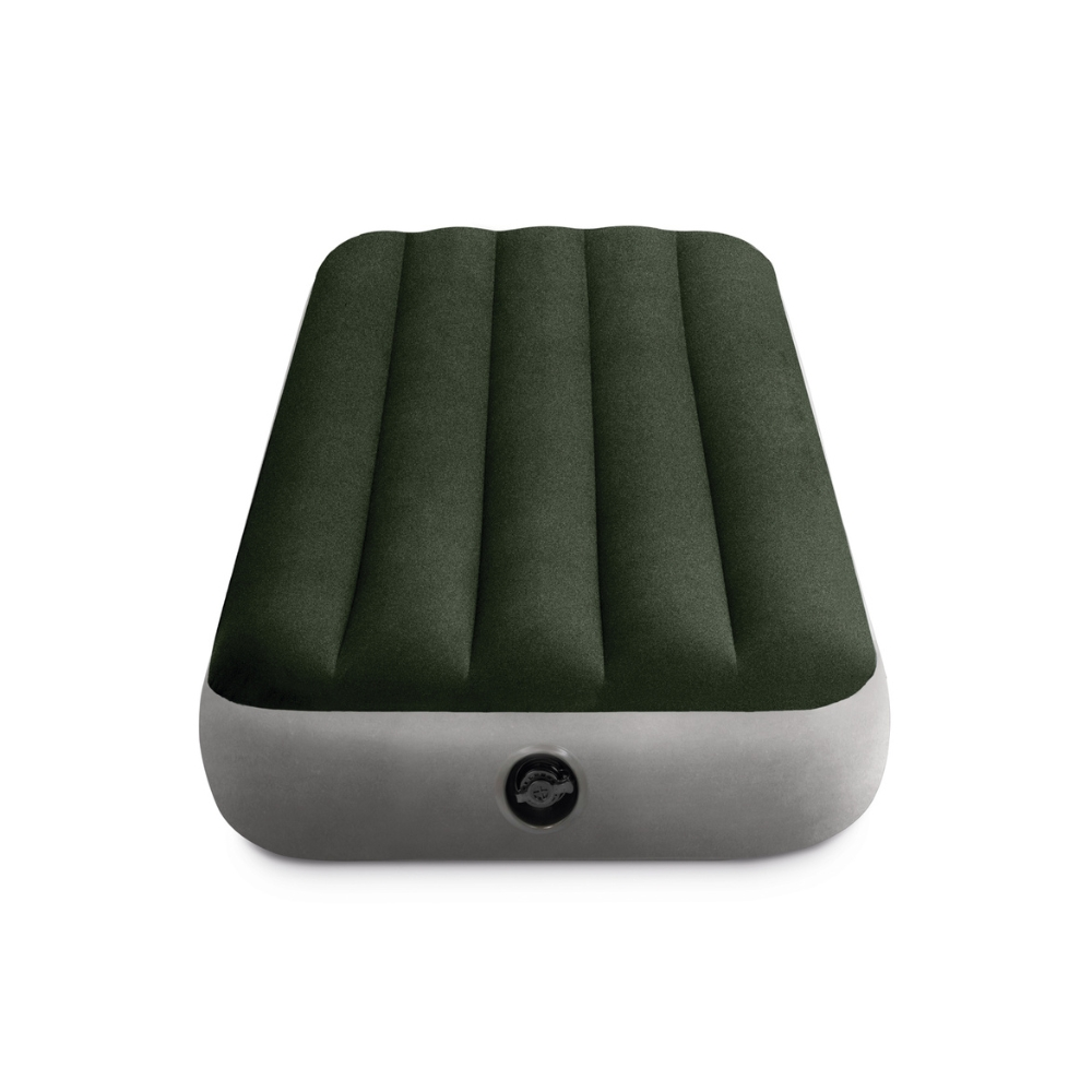 Matelas gonflable vert foncé. Base grise avec valve noire.