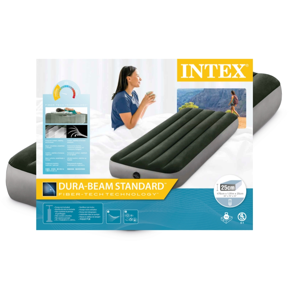 Matelas gonflable avec boîte, femme buvant. Technologie Fiber-Tech.