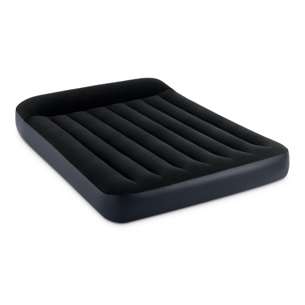 Matelas gonflable noir, forme rectangulaire, surface striée, sur fond blanc.