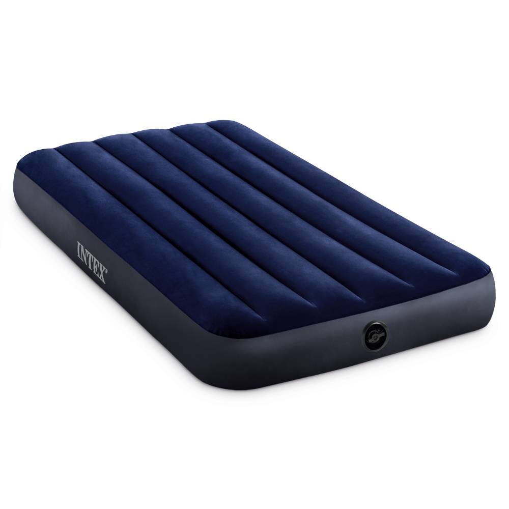 Donkerblauwe opblaasbare matras. Intex logo. Grijze basis met klep.