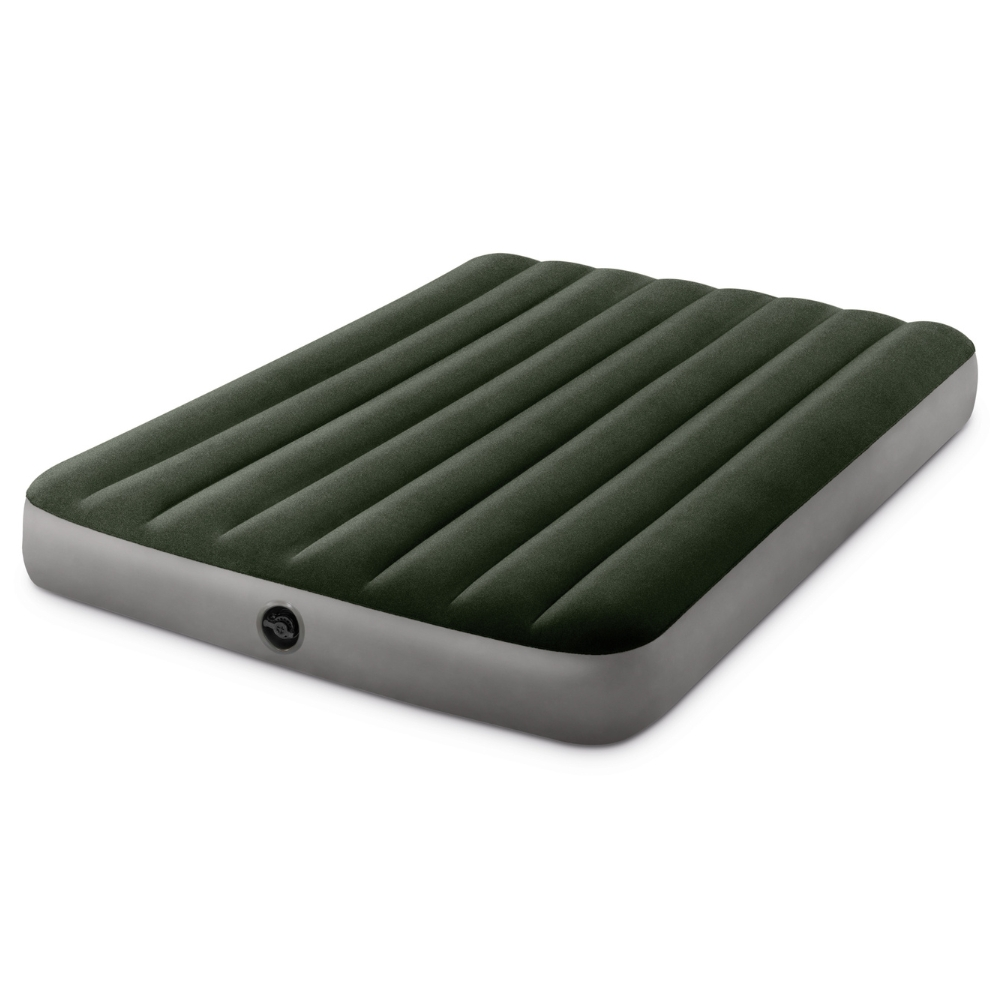 Green inflatable mattress with a ridged top and a light grey base.  It is on a white background.