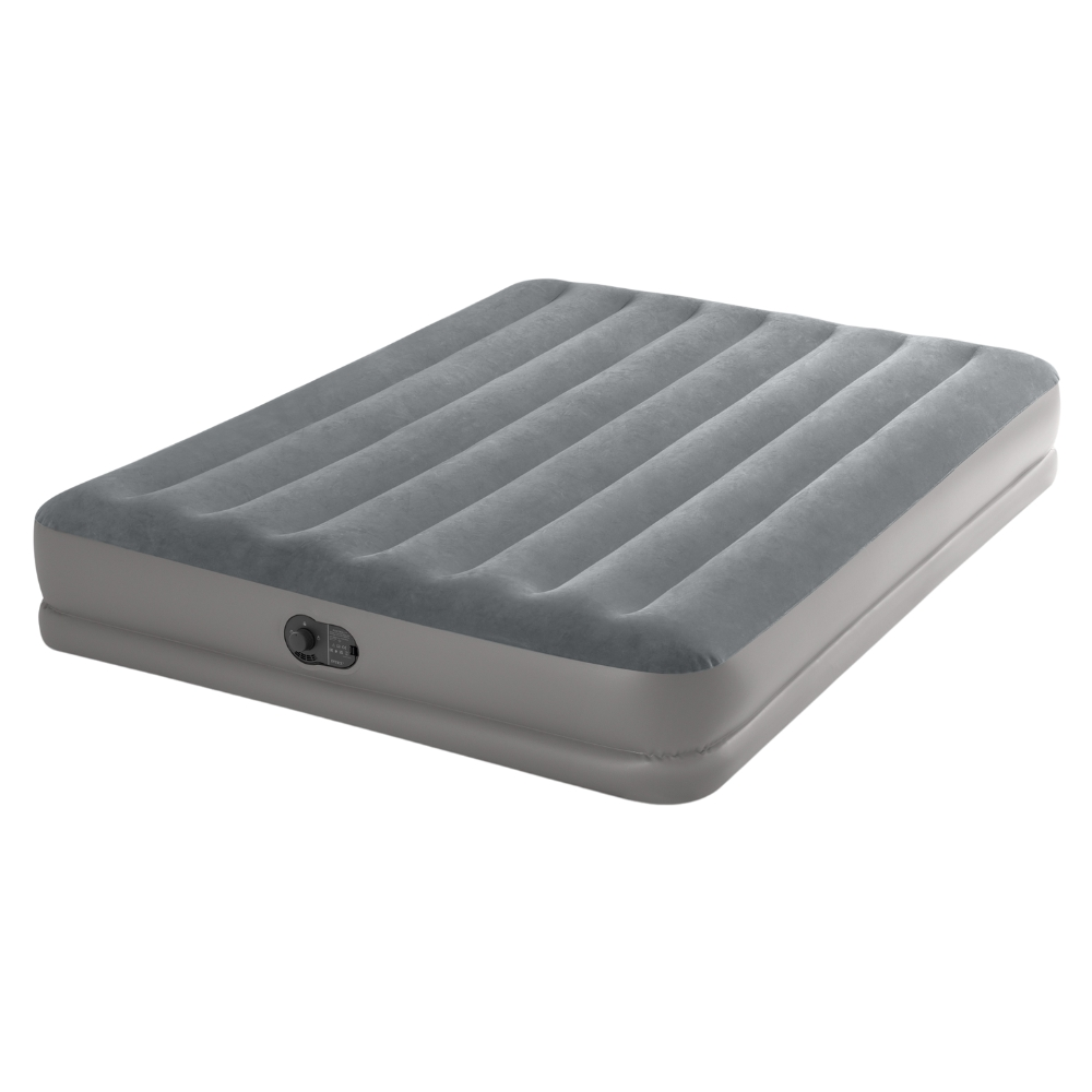 Matelas gonflable gris, forme rectangulaire, surface striée, base gris clair, sur fond blanc.