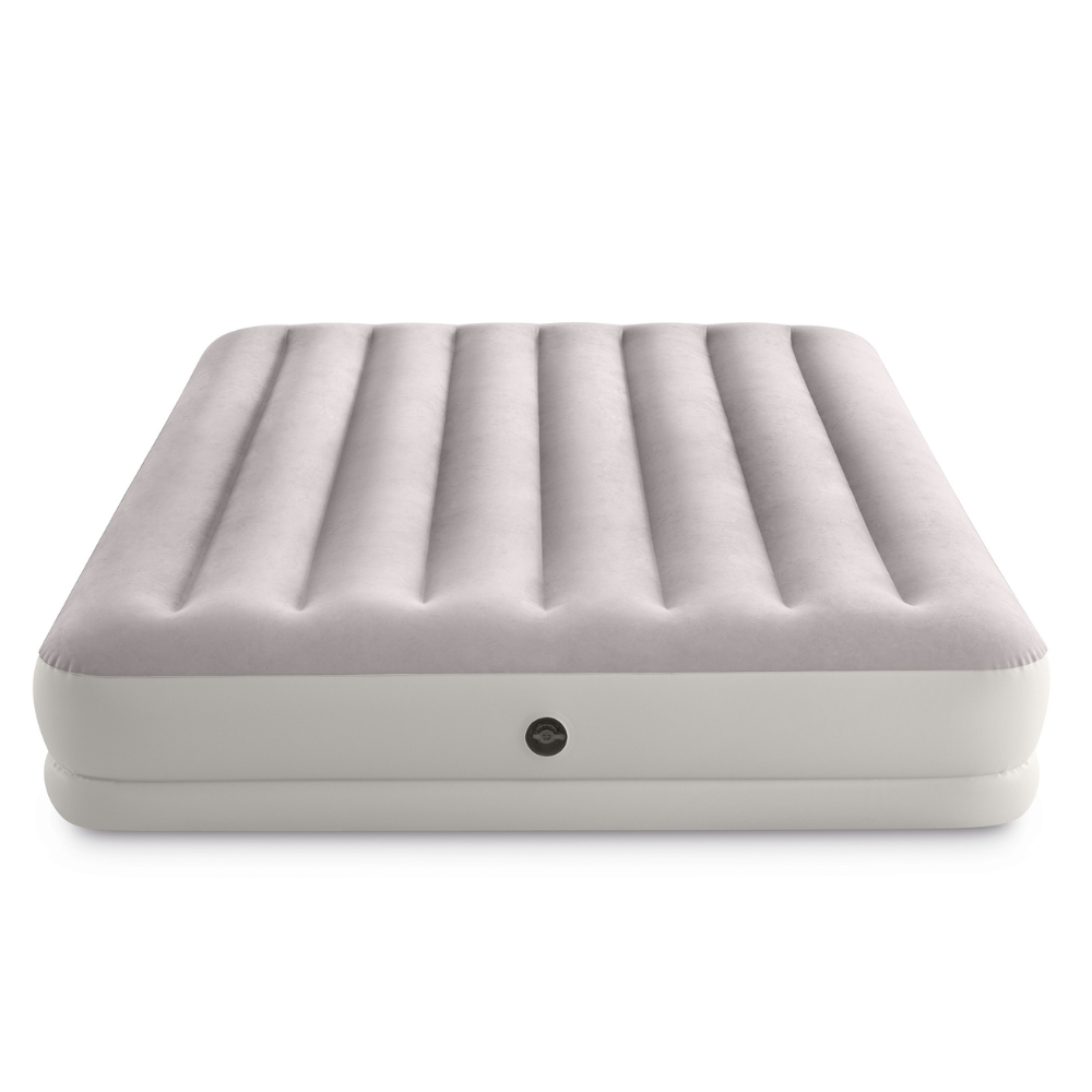 Light gray inflatable mattress. White base with a black valve.