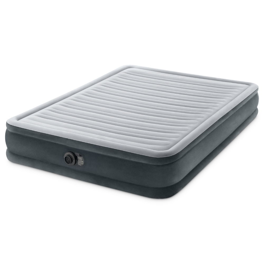 Un matelas gonflable gris avec une couche supérieure blanche. Il est rectangulaire avec une surface nervurée et une base gris foncé.