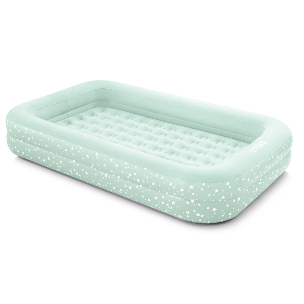Light green air mattress with white star pattern. Rectangular shape with raised edges.