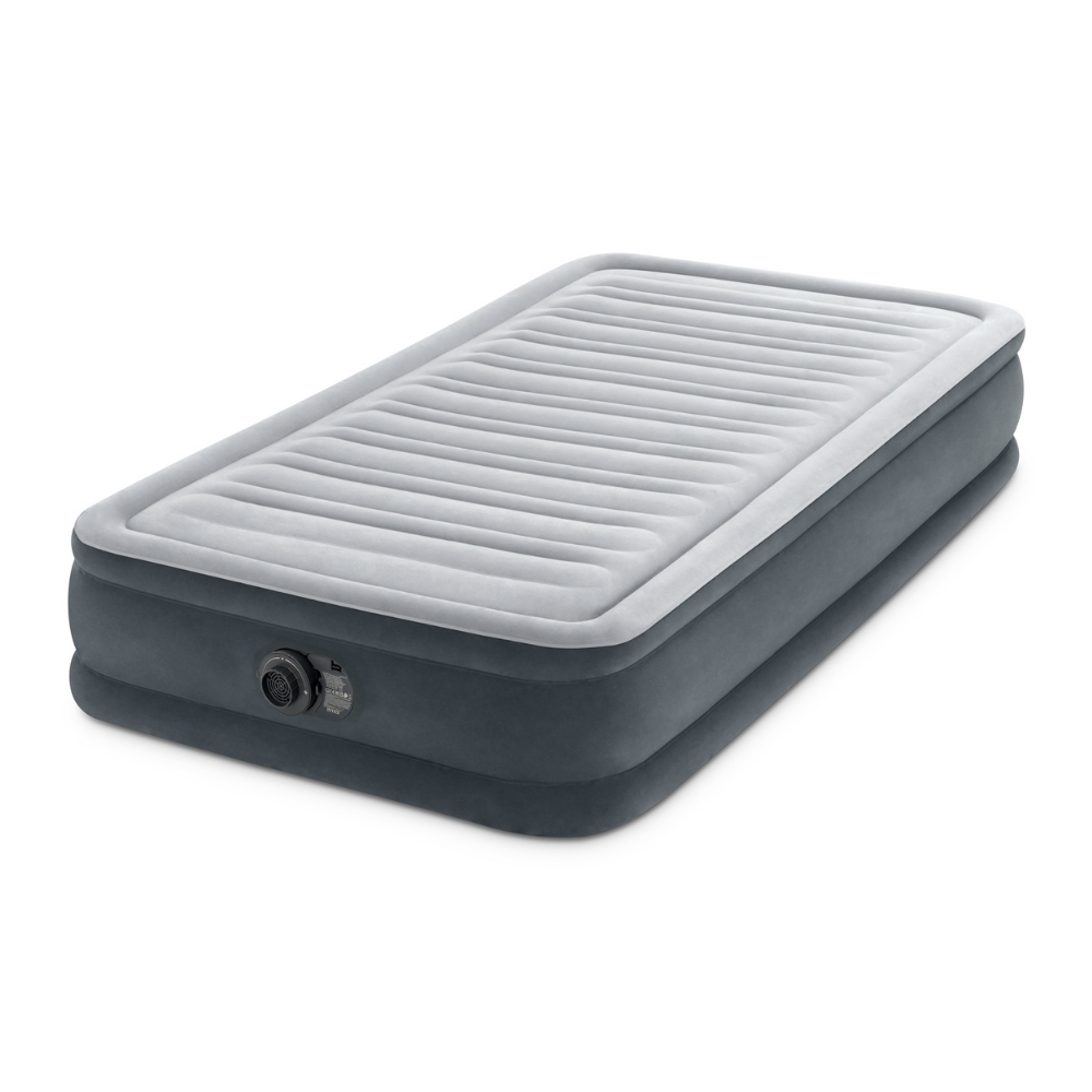 Gray and dark gray air mattress. Rectangular shape with a valve. White background.