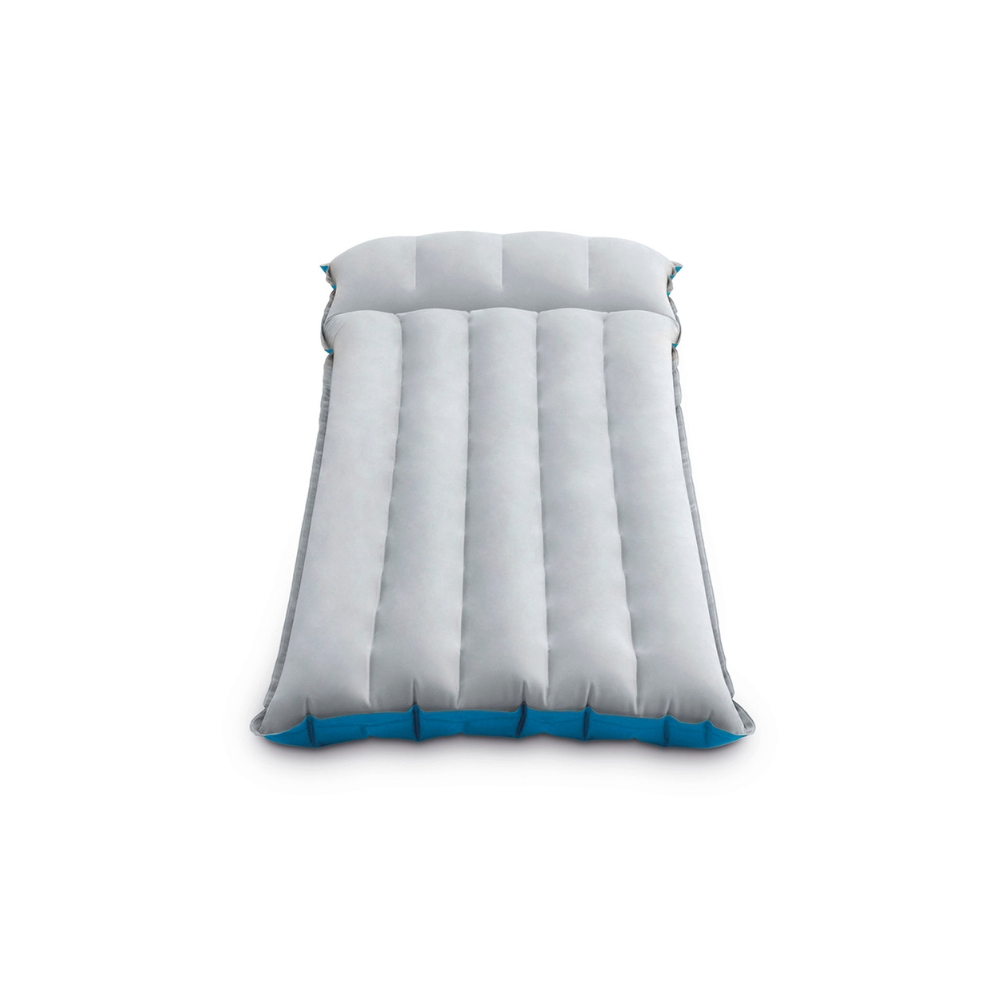 Witte en grijze luchtmatras met blauwe rand, geïsoleerd op witte achtergrond.