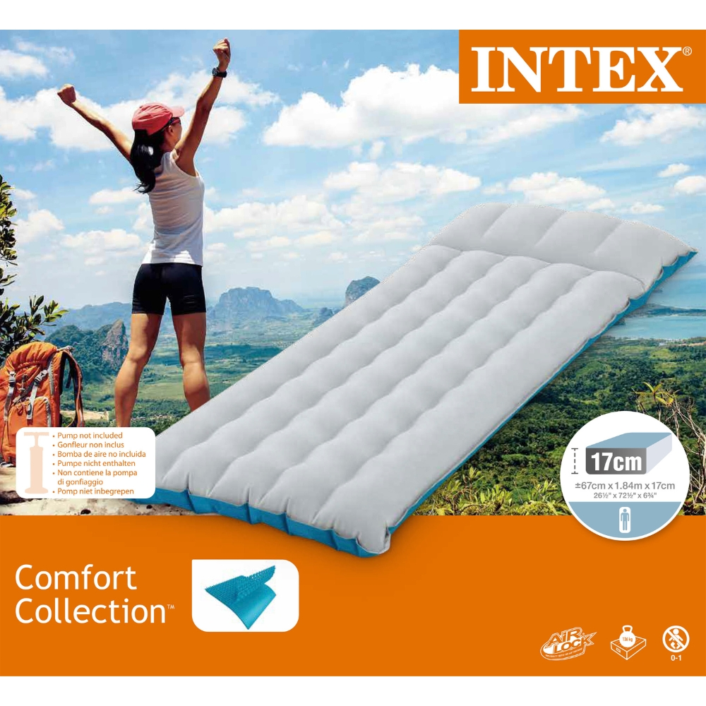 Een Intex Comfort Collection luchtmatras. Een vrouw staat op de achtergrond, witte achtergrond.