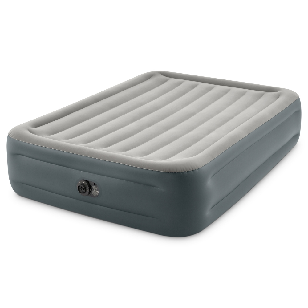Matelas gonflable gris sur fond blanc, avec une valve sur le côté.