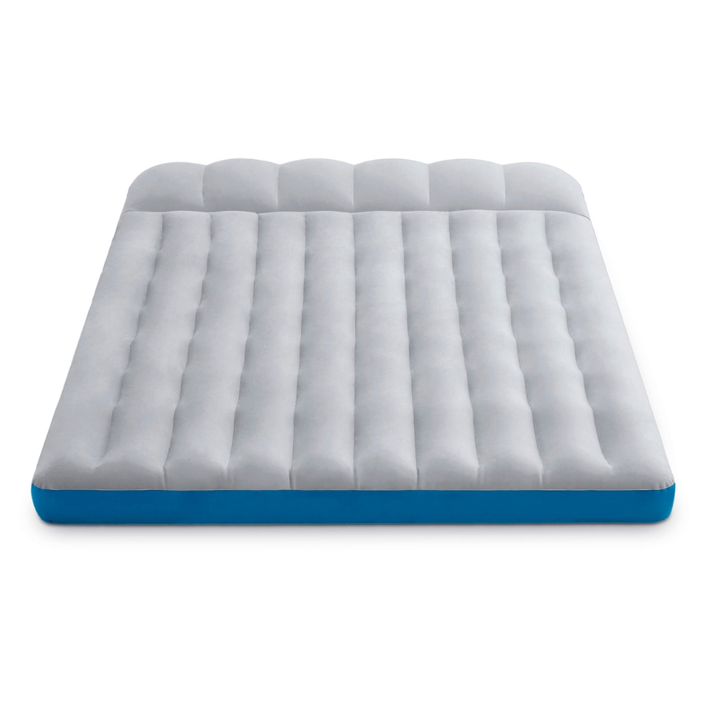 Witte en grijze luchtmatras met blauwe rand, op een witte achtergrond.