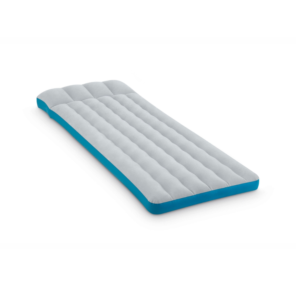 Matelas gonflable blanc et gris avec bordure bleue, isolé sur fond blanc.